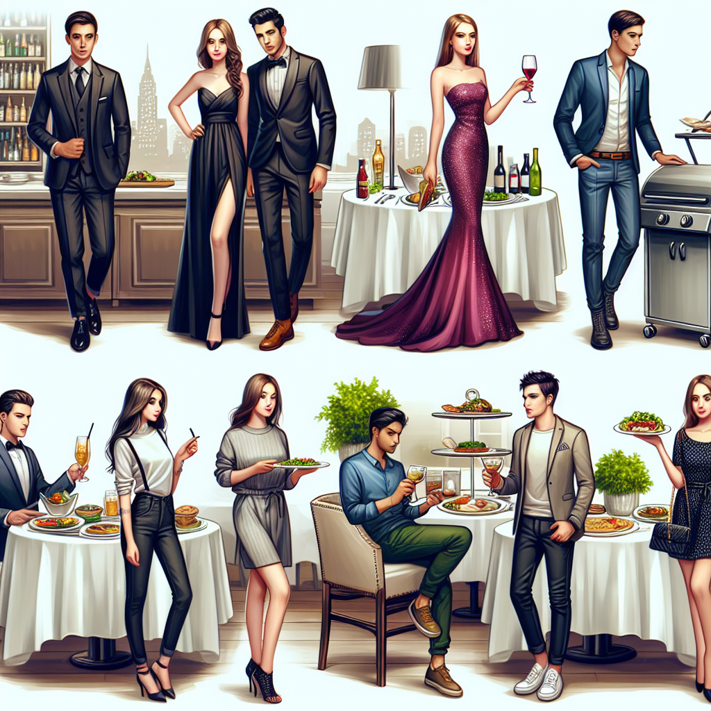 Must-Have Attire for Life Celebrations at Restaurants A prominent depiction of essential outfit choices for various life celebrations held at restaurants. Scene one includes a formal dining setting with a Caucasian male in a dark tailored suit and a South-Asian female in a vibrant evening gown. Scene two exhibits a more casual event with a Middle-Eastern woman wearing a chic jumpsuit and a Black man in a trendy button-up shirt with dark jeans. Final scene captures a buffet-style party where a Hispanic woman is clad in a cocktail dress and a White man adorns a smart-casual blazer and khaki pants. Each ensemble reflects a blend of comfort and style.