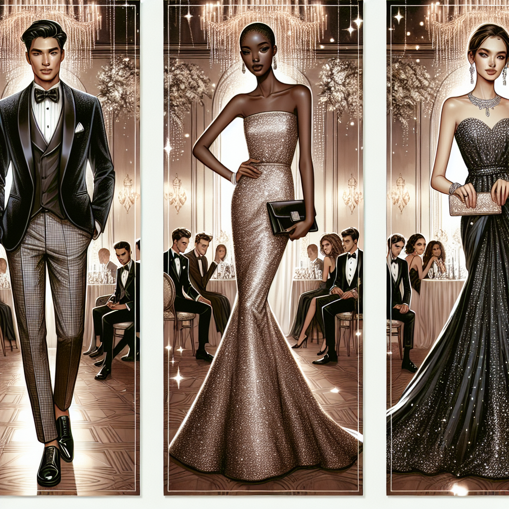Multiple panels displaying glamorous gala outfits. First panel shows a sophisticated Asian man wearing a tuxedo with a velvet jacket, white dress shirt, and silk bow tie. Second panel showcases a stylish Black woman donning a full-length sequined gown, paired with sparkly high heels and elegant diamond jewelry. Last panel depicts a Middle Eastern woman looking elegant in a silk sari with exquisite hand embroidery and a matching clutch. Background includes elegantly decorated ballroom settings with chandeliers and ambient lighting, symbolizing a gala party.