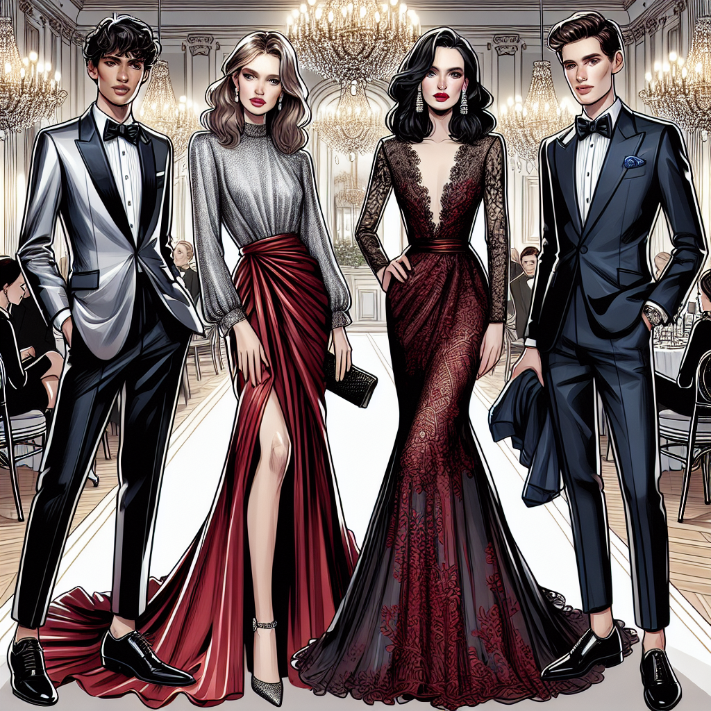 Illustrate a chic and upscale charity event, showcasing attendees displaying effortless elegance through their outfit choices. Picture four people distinctly of various descents including Caucasian, Black, Hispanic, and Middle-Eastern. Two of them are women, elegantly dressed in floor-length gowns - one in a silky silver dress with a cascade of ruffles, the other in a ruby red lace dress with long sleeves. The two men are dressed in well-tailored black suits, one with a crisp white shirt and a bow tie, the other with a royal blue shirt and a patterned tie. The background presents an opulent hall adorned with crystal chandeliers and tasteful decorations.