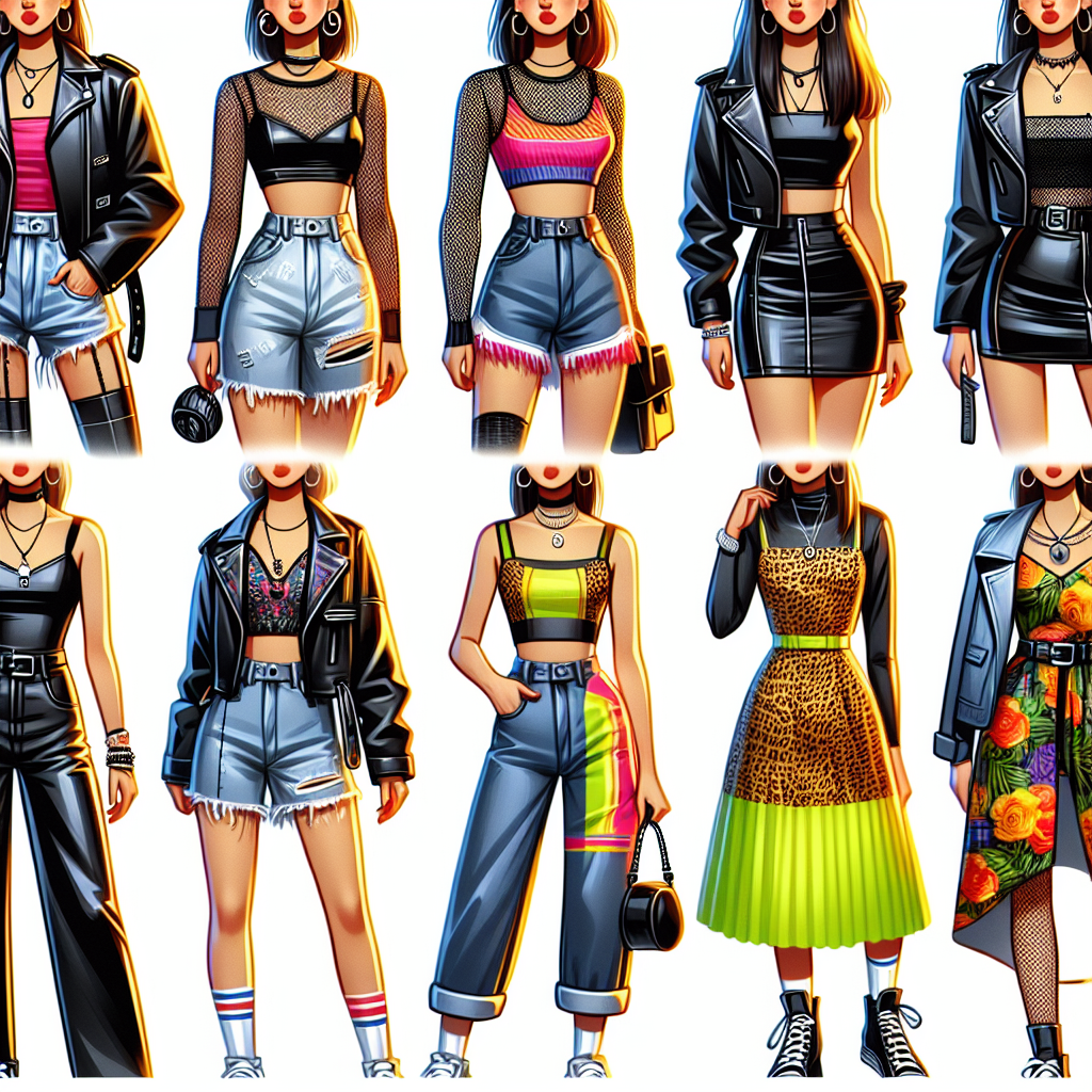 Must-Have Outfits for Charli XCX Concert: Look Stunning! A collection of must-have concert outfits ideal for attending a high-energy music event. The collection includes a funky leather jacket, a mesh top, a pair of high-waist jeans with neon color, a tennis skirt, and a bold, statement-making animal print dress. These outfits would plausibly be worn by various young women attending a pop music concert, with each woman exhibiting her personal style. The woman with the leather jacket is Caucasian, the woman with the neon jeans is Black, the woman with the tennis skirt is Hispanic, and the woman with the animal print dress is South Asian.