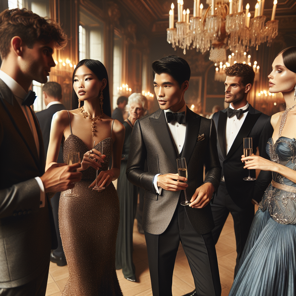 Stunning Outfits for Recital Guests: Effortless Elegance Imagine a social occasion that's a music recital. The room is grand with high ceilings and vintage chandeliers. In the scene, a group of fashionably dressed guests are mingling. An Asian woman is elegantly dressed in a shimmering gold gown, complemented by delicate gold jewelry. A Hispanic man in a tastefully tailored charcoal suit is engaged in conversation with a South Asian woman wearing a beautiful sapphire blue dress with silver accessories. A Middle-Eastern man, stylish in impeccable black tuxedo, is holding a glass of champagne. The atmosphere is one of effortless elegance and sophistication.