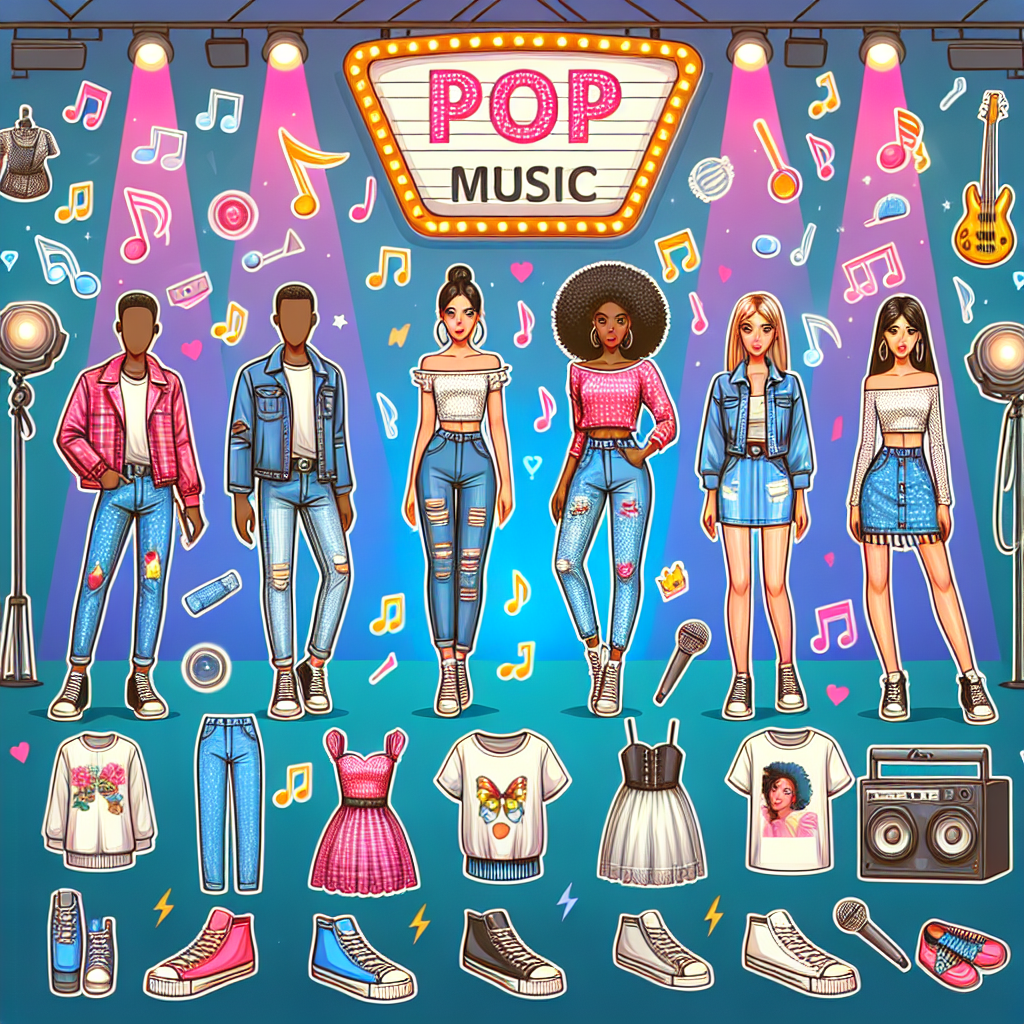 Must-Have Outfits for a Chappell Roan Concert Design an image showing a variety of fashionable clothes suitable for a pop music concert. The collection includes a mix of trendy jeans, graphic t-shirts, cute dresses, comfortable sneakers, and stand-out accessories. A few people, a Caucasian female, a Black male and a South Asian female, are showcasing these outfits against a backdrop of vibrant lights and music notes to represent the concert atmosphere.