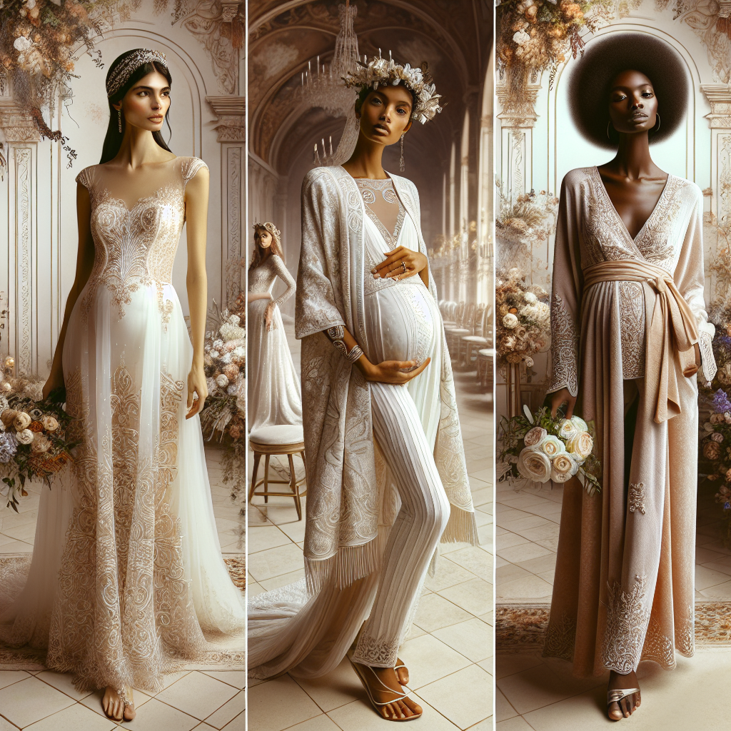 Stunning Maternity Wedding Outfits: Effortless Style Imagery depiction of maternity wedding outfits showcasing effortless style. Include a South Asian woman in a timeless, elegant maternity wedding dress with intricate embroidery, and an African-American woman in a chic wraparound maternity wedding gown with lace accents. Also represent a Caucasian woman in a fashionable, relaxed-fit maternity wedding jumpsuit, and a Hispanic woman in an exquisite empire waist maternity wedding gown adorned with silk flowers. The backdrop should be a beautiful wedding venue with lavish decor and an air of rich celebration.