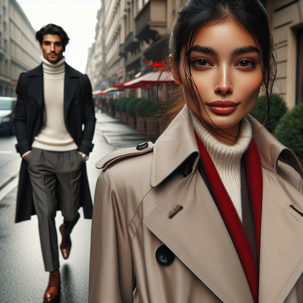Stunning Outfits for Trench Coat Enthusiasts Visualize a bustling city street during a crisp autumn day. In the foreground, a stylish South Asian woman with her hair tied back is seen wearing a beige trench coat, paired with a vibrant red scarf and black leather boots. Further back, a confident Hispanic man in a charcoal grey trench coat, paired with a white turtleneck sweater and brown leather shoes, strides down the sidewalk. The focus of the image is on these two individuals, both entwined in their own worlds, embodying the timeless elegance and practicality of trench coats as a ground-breaking fashion statement.