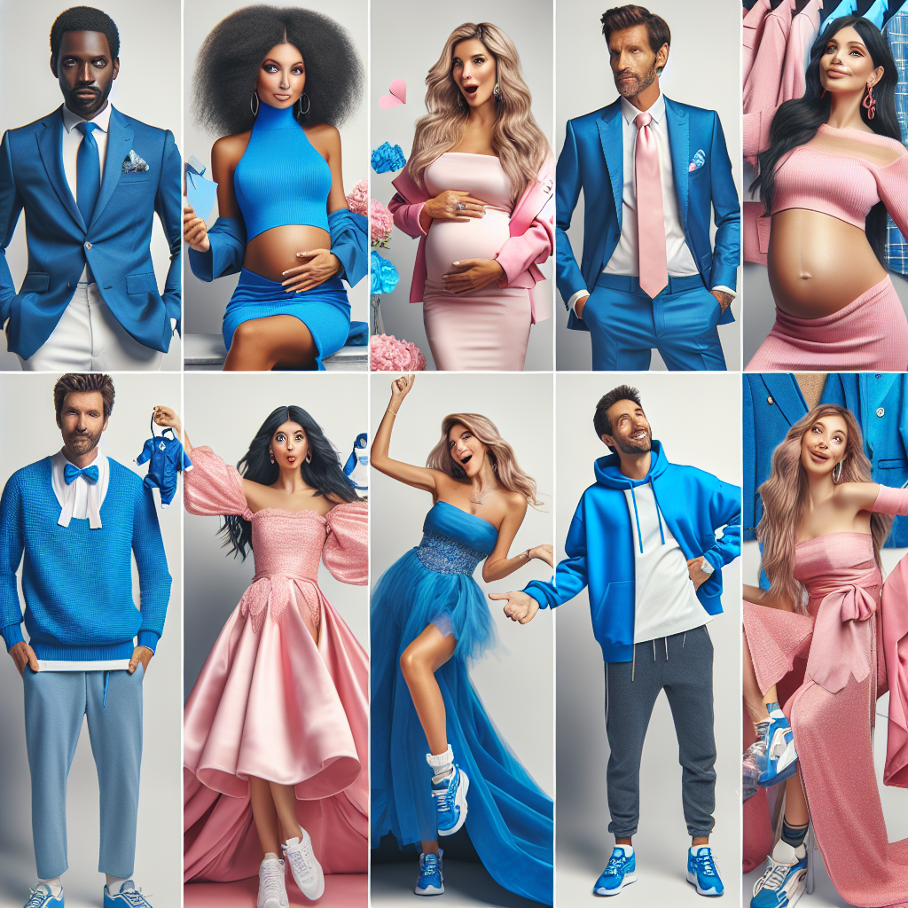 Stunning Outfit Ideas for Gender Reveal Parties A display of stunning and creative outfit ideas appropriate for a gender reveal party. Some people are wearing striking blues and others radiant pinks. There's a Black man in a dapper blue suit, a Hispanic woman in an elegant pink dress, a Middle-Eastern man in blue casual attire, a South Asian woman in a sophisticated pink gown, a Caucasian man in sporty blue attire, and a White woman in trendy pink streetwear. All are expressing joy and surprise at the reveal.