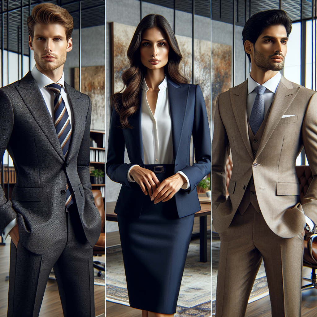 What to Wear for Interviews: Stunning & Professional Choices Three professionals, each displaying a distinct and professional choice of attire for an interview setting. The first, a Caucasian man, formal in a charcoal grey business suit, with an exquisitely knotted striped silk tie. The second, a Middle-Eastern woman, professional in a navy blue skirt suit paired with a white silk blouse. The third, a South Asian gentleman, poised in a tailored beige three-piece suit, coordinated with a light blue dress shirt. All standing against a backdrop of a sophisticated office setting, filled with glass partitions, polished wooden surfaces, and abstract art on the walls.