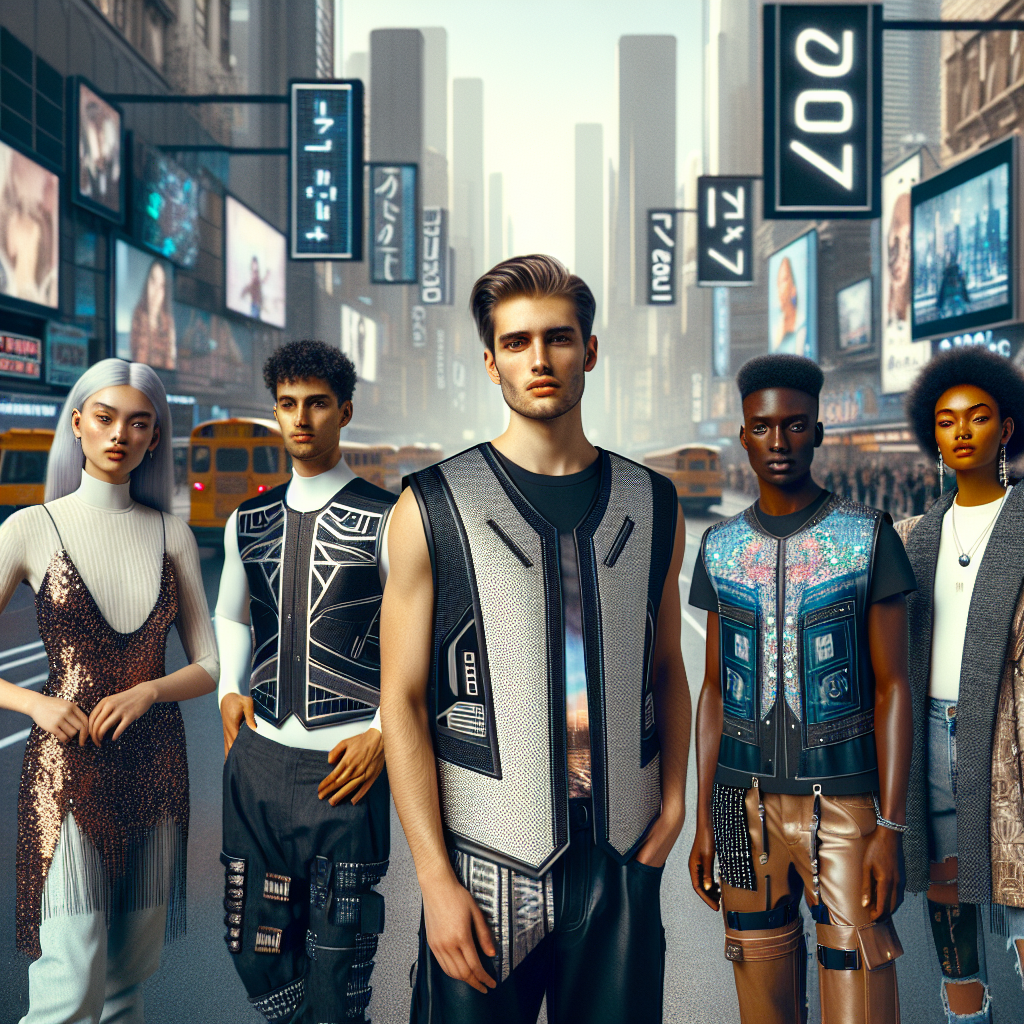 Must-Have Styles: Best to Wear with a Vest in 2024 A futuristic 2024 fashion scene showcasing must-have styles for anyone and everyone who enjoys wearing a vest. On the street of a busy futuristic urban environment, present several individuals of diverse descents and genders: a Caucasian male in a futuristic sleek suit vest, a middle-eastern female in a high fashion sequinned vest, a south Asian non-binary individual wearing a denim vest with avant-garde patches, a Black woman in a classic leather vest, and an Hispanic male in a quilted down vest. Showcase their vests with complementing outfits, embodying the latest in 2024 style.