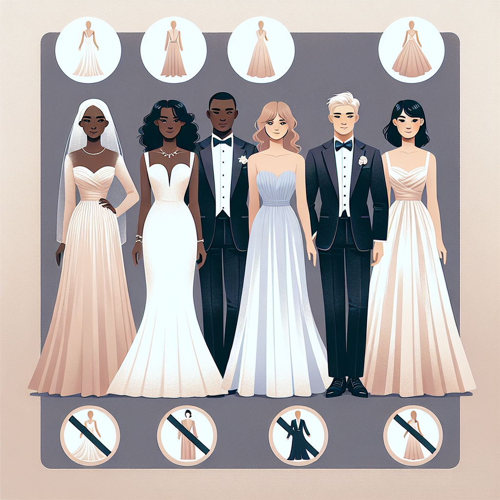 Wedding Outfit Guide: Stunning Colors to Avoid Create a visually instructive image for a wedding dress guide. Feature it with five different mannequins, each showcasing a different wedding attire: a Caucasian woman in an elegant white wedding dress with a long train, an African man in a smart black tuxedo, an Hispanic woman in a bright blue bridesmaid dress, a Middle Eastern man in a light beige suit, and an Asian woman in a pastel pink mother-of-the-bride outfit. Beside each mannequin, have a large 'no' symbol (a circle with a diagonal line through it), indicating that these colours should be avoided at weddings. The background could be a soft, neutral colour to avoid distractions.