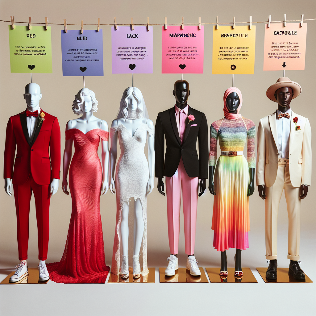 Avoid Wedding Faux Pas: Colors Not to Wear! Imagine a stylistic magazine spread themed around wedding etiquette. It showcases five varied mannequins styled in different, vibrant colored outfits that are typically considered as inappropriate for weddings. Each mannequin represents a different gender and descent: a Caucasian male in red, an Asian female in white, a Black non-binary individual in black, a Hispanic woman in a neon ensemble, and a Middle Eastern man in creamy attire. They're all in a row against a pastel background with playful, respectful reminder notes suspended around them, highlighting the cultural faux pas associated with each color.