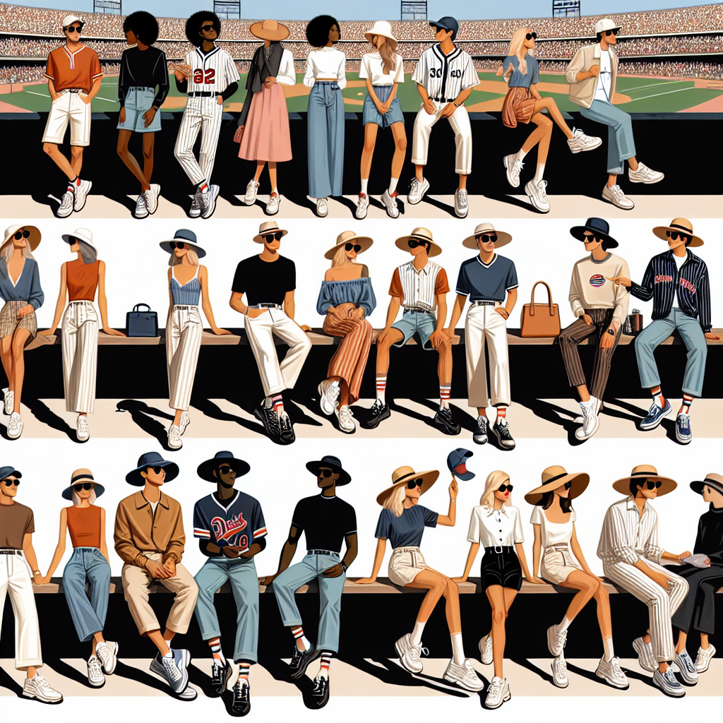What to Wear to a Baseball Game: Effortless Outfit Ideas Illustrate a vibrant scene at a baseball game designed for a style guide article. Include a variety of spectators of different descents such as Black, Middle-Eastern, and Caucasian, showcasing their effortless fashionable outfit choices. Detail an ensemble ranging from cool and casual, such as jeans and a team jersey, through to chic and stylish, including a light dress paired with a sun hat. Make sure to incorporate small but essential accessories like sunglasses, baseball hats, and stylish footwear. The setting should be a typical sunny day at a baseball stadium with a clear view of the diamond.
