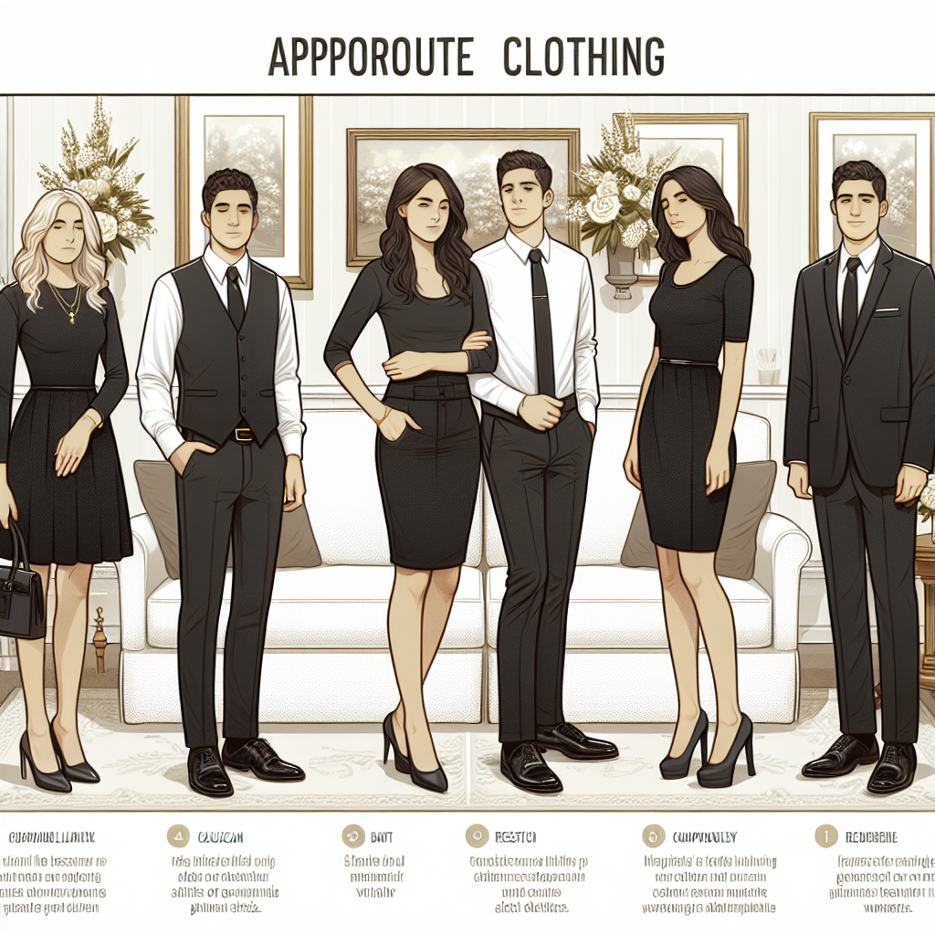 What to Wear to a Funeral Visitation: Effortless Guide An insightful guide featuring various types of appropriate clothing for a funeral visitation. Show a solemn and respectful atmosphere with people wearing dark clothing. Depict a Caucasian man in a well-tailored black suit with a white shirt, tie, and polished shoes. Also, illustrate a Hispanic woman dressed in a black, knee-length dress paired with dark heels and moderate jewelry. Make sure the individuals convey a quiet sense of respect and mourning. To complete the illustration, include the interior of a softly lit condolence room with subdued floral arrangements. Remember, the focus is on suitable clothing and respectful behavior.