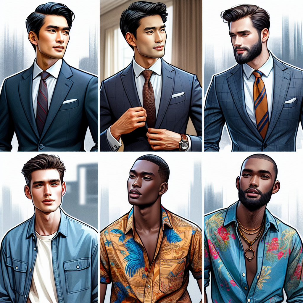 Illustrate a variety of professional and stylish outfits for men's headshots. In the first scene, imagine a South Asian male dressed in sharp business attire featuring a dark suit, crisp white shirt and bold colored tie. In the next scene, depict an Hispanic male wearing casual chic attire - a fashionable denim shirt with the top button undone. Lastly, imagine a black male sporting creative attire with a bright printed shirt and unique accessories. Emphasize the perfect fitting of the clothes and the confident expressions on their faces. Backgrounds should be soft and sophisticated, enhancing the focus on the subjects.