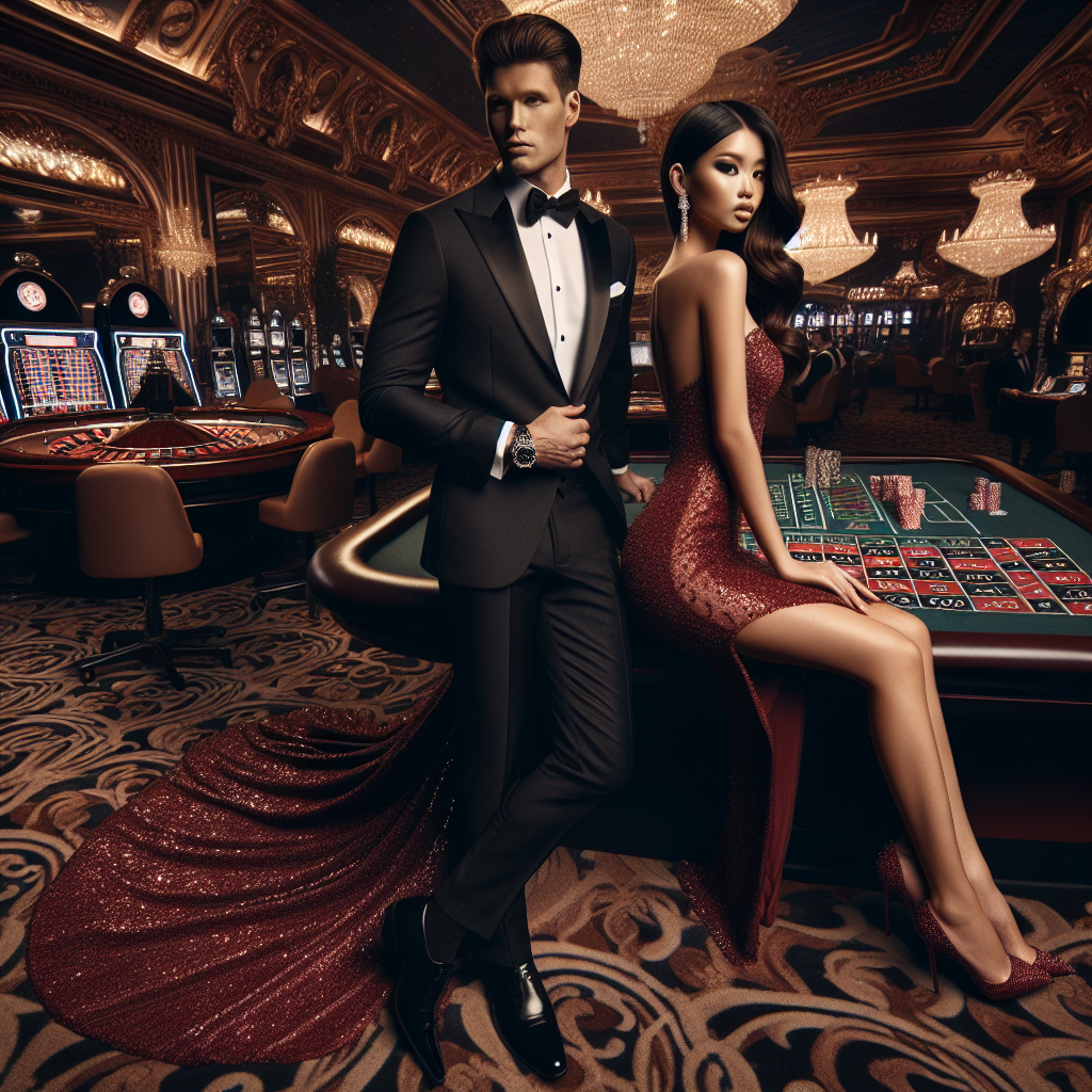 Imagine an elegantly dressed individual in a perfect casino night outfit, standing in a lavishly decorated casino hall. The individual is Caucasian and identifies as male, wearing a sleek black tuxedo paired with a crisp white shirt and bowtie. He is accessorizing the outfit with diamond cufflinks and a designer watch. Seated beside him at the roulette table is an Asian woman, dressed impeccably in a sparkling red evening gown with a high leg slit, matching stiletto heels, and dazzling diamond jewelry. The scene depicts excitement, elegance, and sophistication, perfectly reflecting a high-end casino atmosphere.