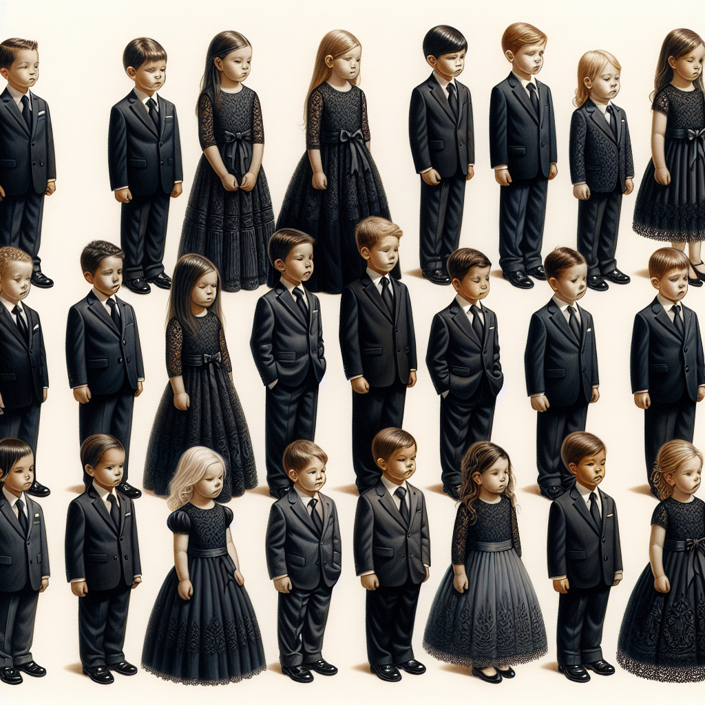 Funeral Attire for Kids: Must-Have, Respectful Picks A delicately painted image showing a variety of respectful and tasteful attire suitable for a funeral. The scene showcases various children of different descents such as Caucasian, Hispanic, Black, Middle-Eastern, and South Asian. The children, varying in gender, are positioned in a manner that gives each outfit visibility. They are dressed in somber hues—the boys in black or dark navy blue suits with neckties, and the girls in black or grey dresses with a subtle embellishment, perhaps a ribbon or a lace trim. Each outfit is meticulously detailed to portray a range of must-have attire for kids attending a funeral.