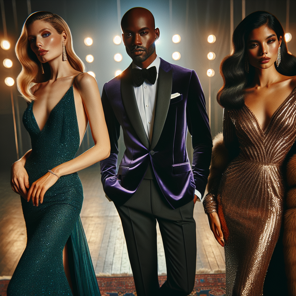 Formal Dinner Fashion: Must-Have Looks for Meghan Trainor Fans Visualize a scenario that captures the theme of 'Formal Dinner Fashion: Must-Have Looks for Music Enthusiasts'. Imagine a Caucasian woman, a Black man, and a Hispanic woman all elegantly dressed in their evening best, reflecting high-end dinner party fashion. Each individual is showcasing luxe materials, bold colors, and sophisticated styling cues inspired by the contemporary pop music scene. The Caucasian woman is wearing a figure-flattering teal gown, the Black man is in a stylish deep purple velvet tuxedo, and the Hispanic woman is dazzling in a golden sequin dress. They exude confidence and flair under ambient lighting, which sets a refined and glam atmosphere.