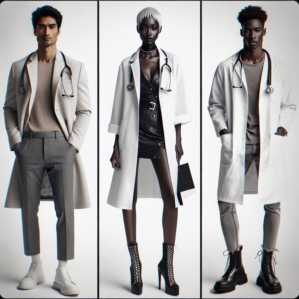 Imagine a series of fashion-forward outfits styled for a day shadowing a doctor. The first is on a South Asian male dressed in smart casual attire and a classic doctor's coat &ndash; white and clean. The second shows a Black female wearing an edgy, yet professional attire with her own stylish take on the doctor's coat. The third shows a Hispanic male with a relaxed and comfortable ensemble under the trademark white coat. All three individuals carry a doctor's accessory: a stethoscope, dangling casually, yet symbolizing professionalism and class.