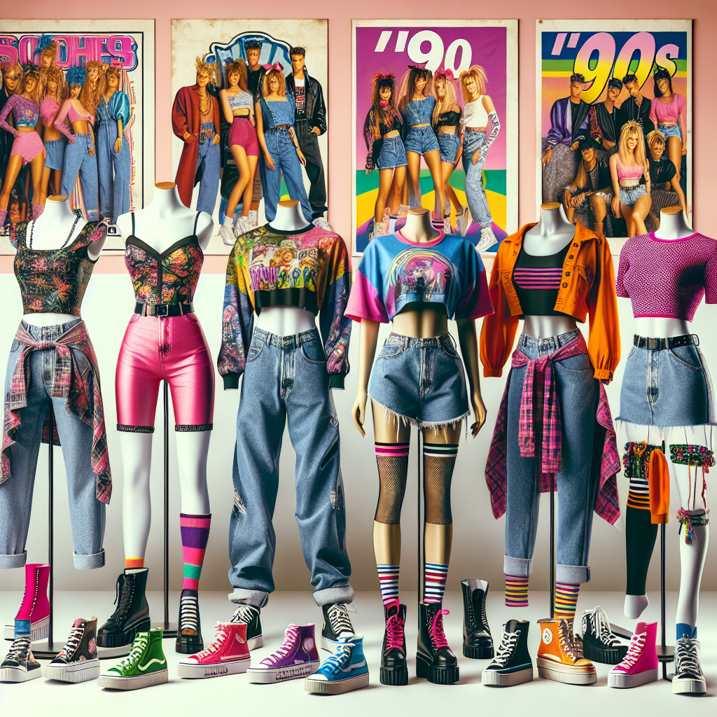Stunning Outfits for 90s Party: Dress Effortlessly! Create a vibrant image representing a collection of stunning, effortlessly stylish outfits for a '90s-themed party. The display should include different ensembles, mirroring the eclectic range of the decade's fashion. There should be a mixture of gender representation, featuring male and female outfits. The male outfit should consist of baggy jeans, a graphic band t-shirt, and a plaid flannel tied around the waist. The female outfit should showcase high-waist denim shorts, colorful crop tops, chunky footwear, and brightly colored hair accessories. The backdrop should set the vibe of a house party with '90s pop-culture posters.