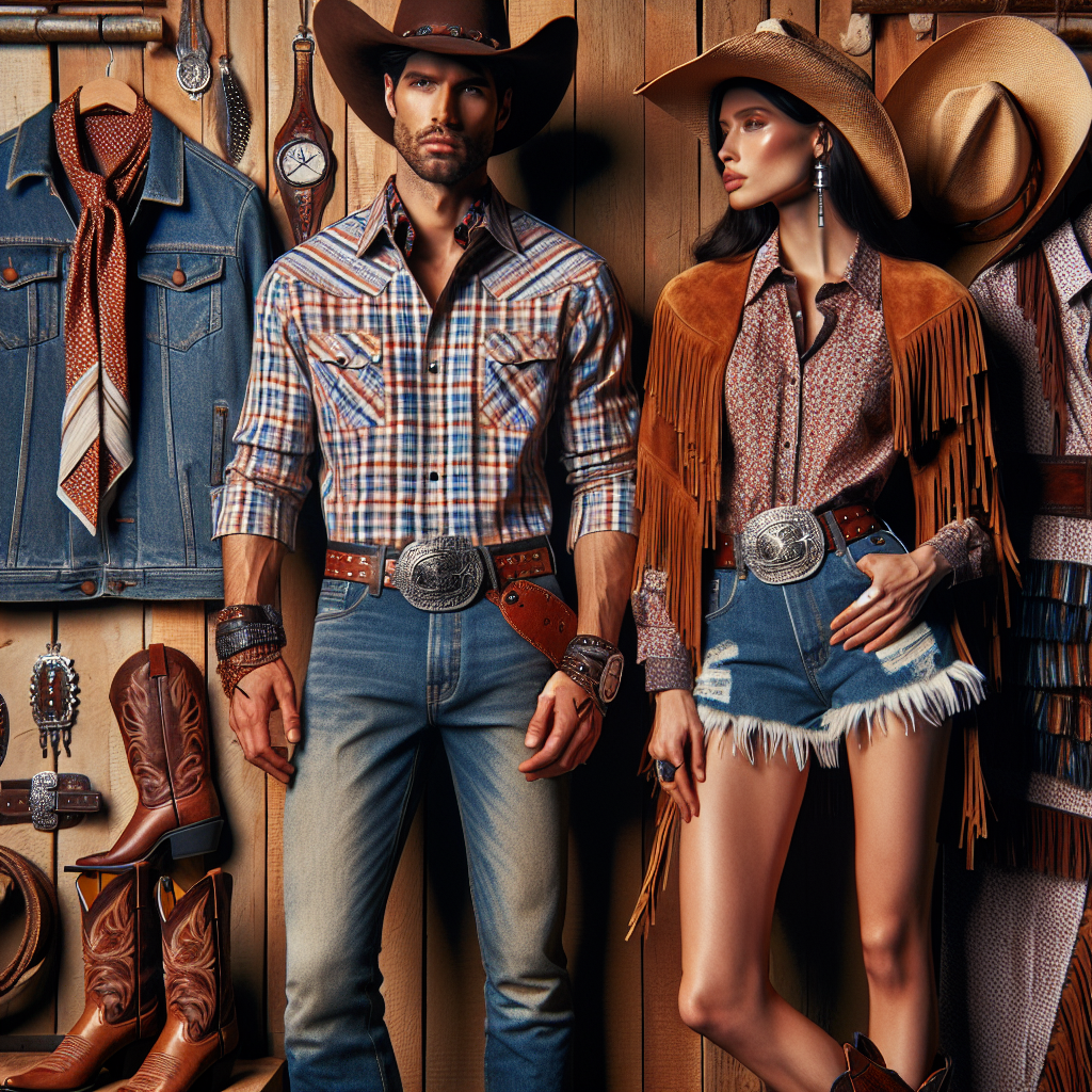 Imagine a cowboy-inspired fashion spread showcasing must-have garments for wild adventures. The image will display a collection of stylish rodeo outfits. From one side, a Hispanic gentleman clad in a neatly-pressed, colorful plaid shirt, sturdy denim jeans, and a well-polished pair of cowboy boots. To the other side, an African American lady dressed in a fashionable fringed suede jacket, worn over a boho patterned blouse, accompanied by a pair of cut-off denim shorts and accented brown leather cowboy boots. Accessories like intricate bolo ties, wide-brimmed cowboy hats, and leather belts with large silver buckles are emphasized. The background is a rustic wooden backdrop, suggesting a wild-western ambiance.