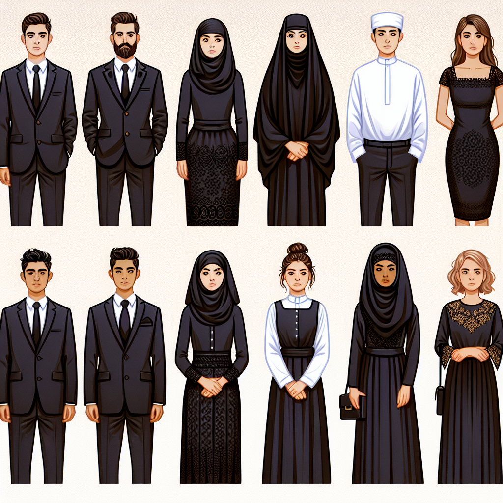 Funeral Fashion Guide: Effortless, Respectful Outfits Create an image showing a variety of timeless and dignified funeral attire for all genders and descents. Western funeral fashion: On the left, show a Caucasian man in a traditional black suit and tie. In the center, portray a Middle-Eastern woman dressed modestly in a black dress and mantilla. On the right, illustrate a Black woman wearing a simple black blouse and skirt. Eastern funeral fashion: Below these, show a South Asian man in a white kurta and dhoti, a Hispanic woman in a black mantilla and dress, and a white woman in a black kimono. Avoid showing faces to respect the solemn context.