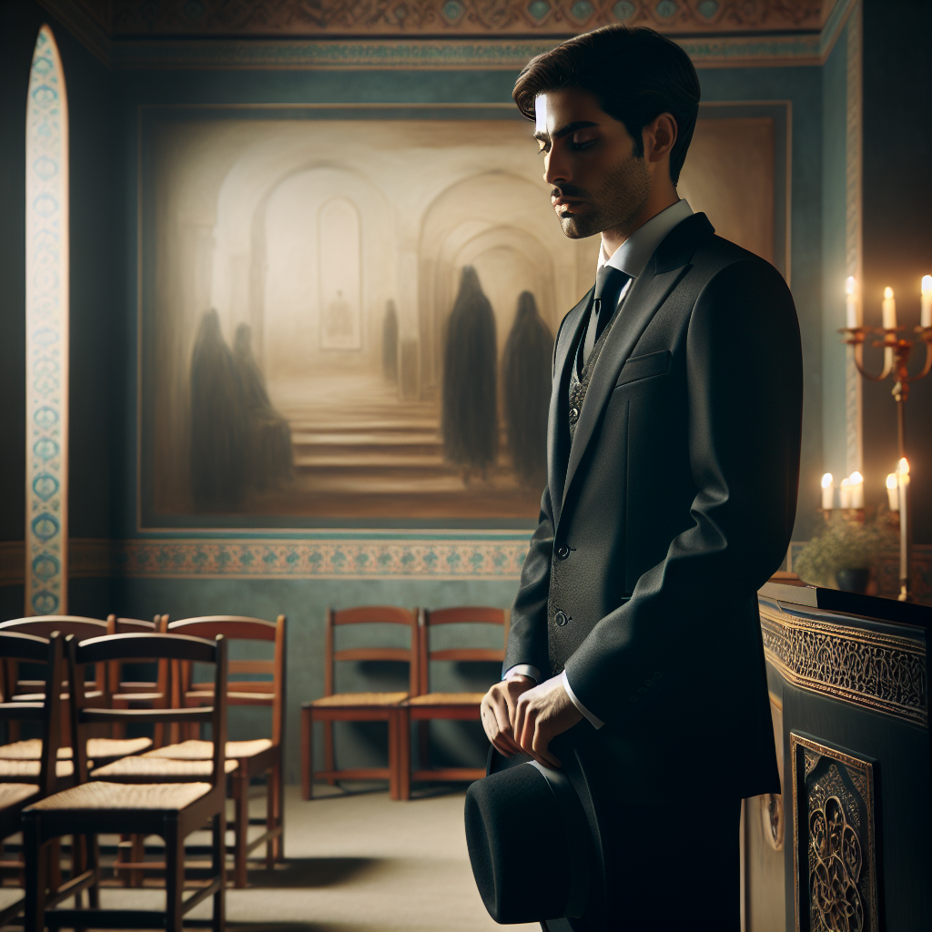 Create an image that depicts a scene in an elegant, peaceful room, lit dimly. Show a Middle-Eastern man in his 30s, standing alone. He's dressed up in a traditional black suit with a white dress shirt underneath and a black tie, looking contemplative. He's holding a black hat in his hands. In the background, display a few empty wooden chairs arranged neatly and a calm, muted, abstract painting on the wall, done in the style of impressionist artists working with oil paints. The image should encapsulate the solemnity of a wake.