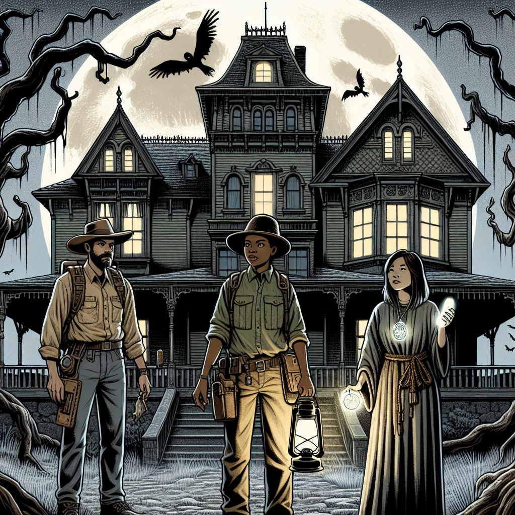 Visualize a haunted mansion shrouded under the grey shadows of a looming full moon. The house should emit an eerie glow, its wicked charm accentuated by twisted, gnarly trees reaching out as though they have hands. Near the entrance, three adventurers are ready to enter. A female African American Archaeologist, wearing a khaki jacket and wide-brimmed hat, equipped with a lantern. A Hispanic male Ghost Hunter with an EMF reader and an Asian female Medium, in her flowing attire, holding a crystal pendant. The atmosphere should be charged with spine-tingling anticipation for the haunted adventure looming ahead.