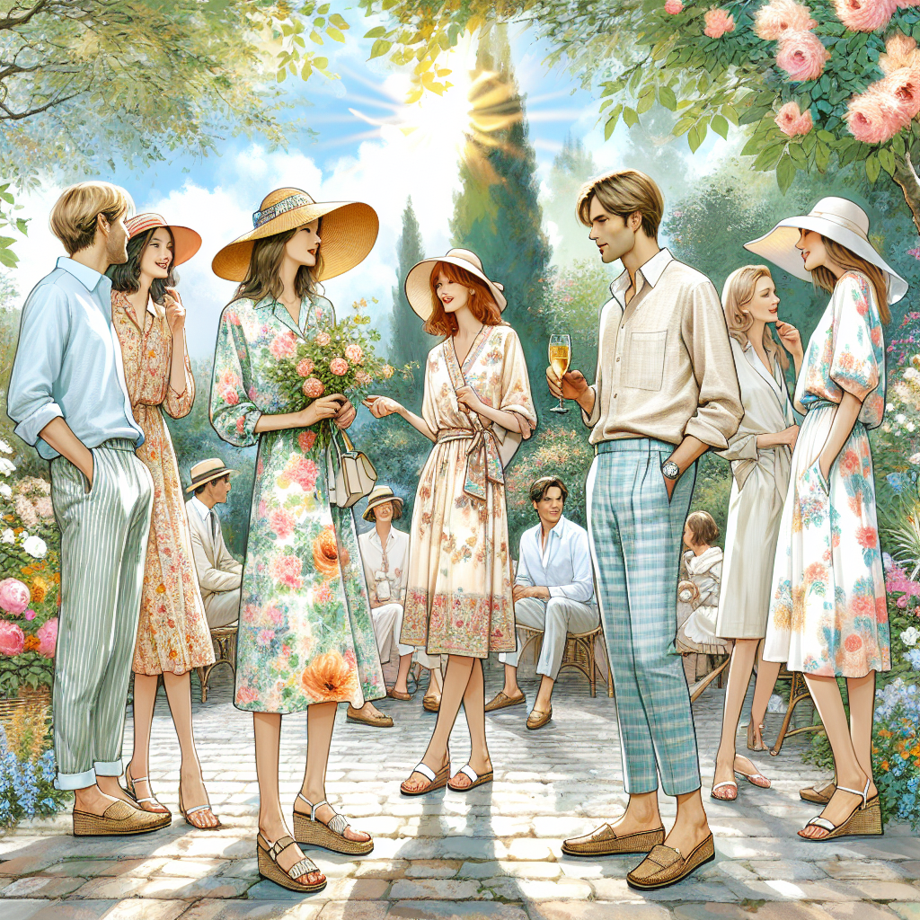 Stunning Outfits for Summer Garden Parties: Find Yours! Imagine a vibrant outdoor scene of a summer garden party. Picture men and women of various descents and ages chatting and enjoying themselves amid blooming flowers and lush greenery. They are stylishly dressed in tasteful outfits designed for the summer season. For women, the outfits consist of summer dresses in an array of floral prints and pastel tones, complemented with wide-brim hats and wedges. For men, image open-neck linen shirts styled with comfortable trousers and loafers. Remember to add splashes of sun rays filtering through the trees, hinting at the warm summer day.