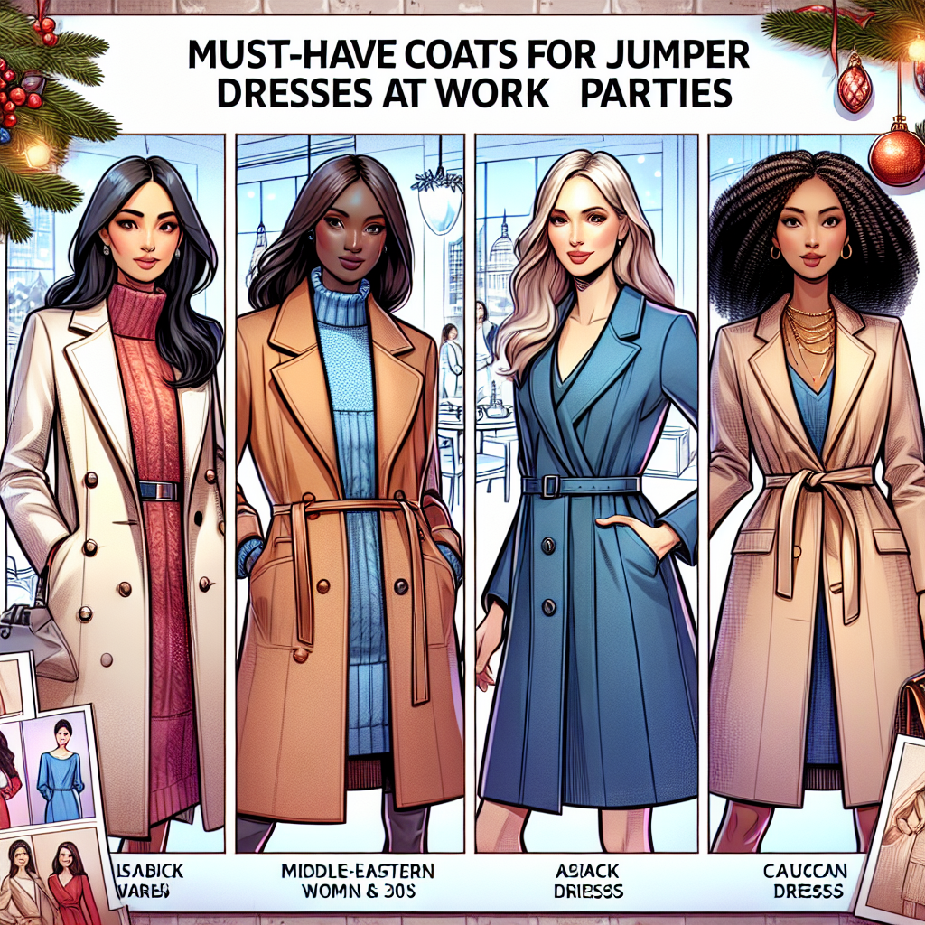 Must-Have Coats for Jumper Dresses at Work Parties Imagine a fashion scene representing must-have coats for jumper dresses at work parties. Include four distinct designs showcasing different styles and colors, suitable for various occasions. In the background, picture an office party setting with festive decorations and cheerful colleagues. For diversity, depict four women in the coats: a Middle-Eastern woman in her 30s, an Asian woman in her 20s, a Black woman in her 40s, and a Caucasian woman in her 50s. Ensure the coats perfectly match their jumper dresses, demonstrating their elegance and style, as well as being ideal for a work party.