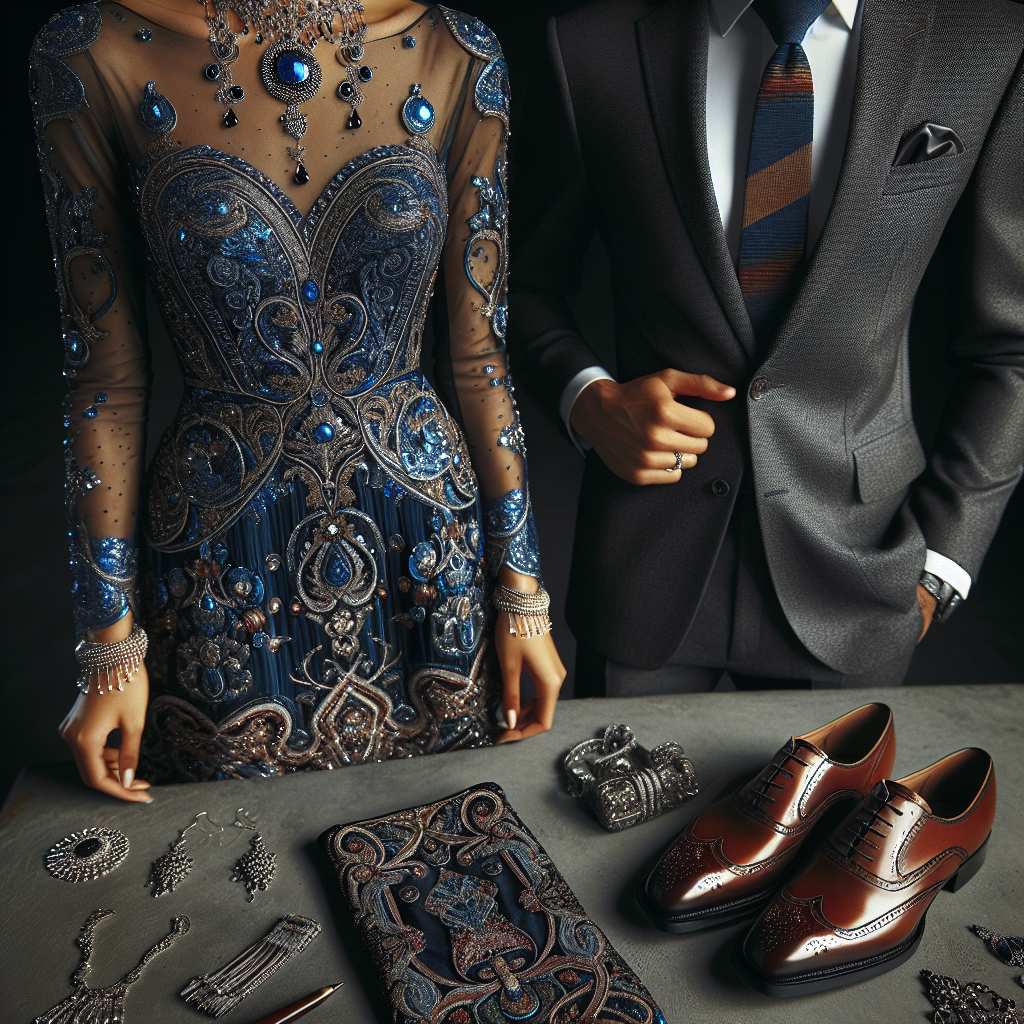What to Wear to a Celebration: Stunning & Appropriate A meticulously laid-out ensemble for a festive occasion is in the spotlight. It includes a richly embroidered cocktail dress in gleaming sapphire blue, worn by a South Asian woman. A pair of glossy leather shoes match the dress, and intricate silver jewellery add a hint of sparkle. A Hispanic man nearby is donned in a sharp charcoal-grey suit with a crisp white shirt, a striped tie adding a pop of color. A pair of polished brogues completes his look. Both individuals exude confidence and elegance, fully prepared for a celebration.