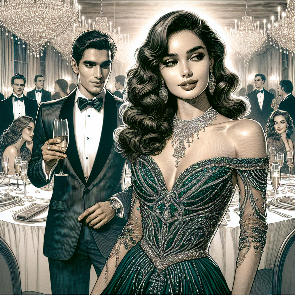 A detailed illustration of a glamorous gala setting. In the center of the image, feature a South Asian woman wearing a stunning, intricately beaded gown in deep emerald, accessorized by a glittering diamond necklace. Portray her elegance and poise as she effortlessly captivates the room. To her right, a Middle Eastern man in a tailored tuxedo with a satin tie, exuding confidence. He's seen holding a glass of champagne, engaging in the festivities. Capture the ambience of the room with soft lighting, luxurious decorations, and scores of impressed faces in the background.