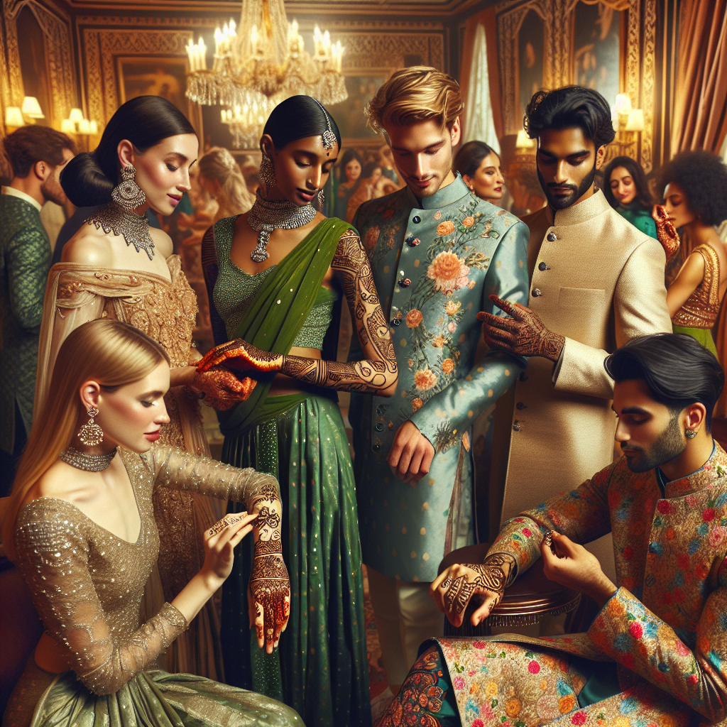 Stunning Outfits for Mehndi Party Guests: Effortless Style Visualize a scene from a Mehndi party. Around a richly decorated room, guests are mingling and admiring the intricate designs painted on each other's hands. There is a charming air as everyone displays their stunning outfits, a mix of traditional South Asian clothing with a twist of modern fashion. An elegant Middle-Eastern woman in a green sari is detailing a Caucasian man's eccentric kurta dotted with floral patterns. A black woman gracefully adjusts her elegant lehenga choli and an East Asian man can be seen pulling at his traditional sherwani, all effortlessly stylish amidst the festive spirit.