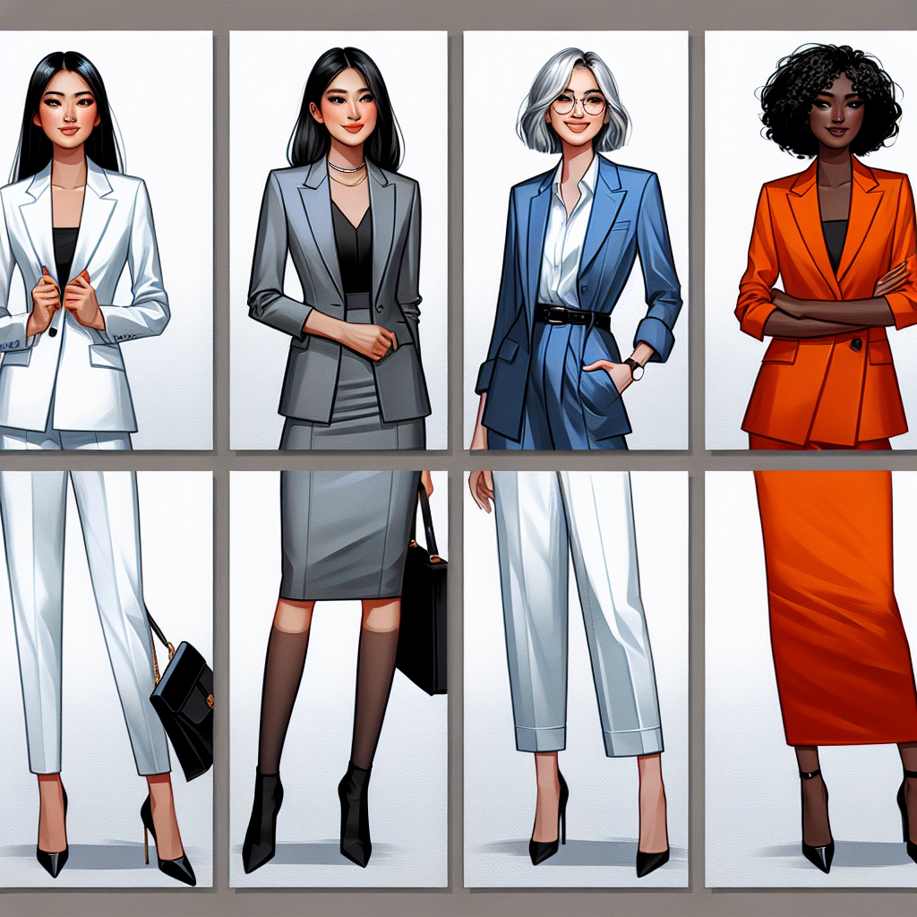 Exclusive Job Interview Outfits for Women: Elevate Your Style Create a collage showing four different job interview outfits for women, each reflecting a distinct style. The first outfit should be a professional monochrome suit tailored for a Caucasian woman. The second should be a modern, chic business casual ensemble modeled by an Asian woman. The third should be a minimalist, yet sophisticated dress customized for a Black woman. Lastly, the fourth should display a vibrant, trendy attire worn by a Hispanic woman. Each attire should embody confidence and sophistication, designed to elevate their unique styles.
