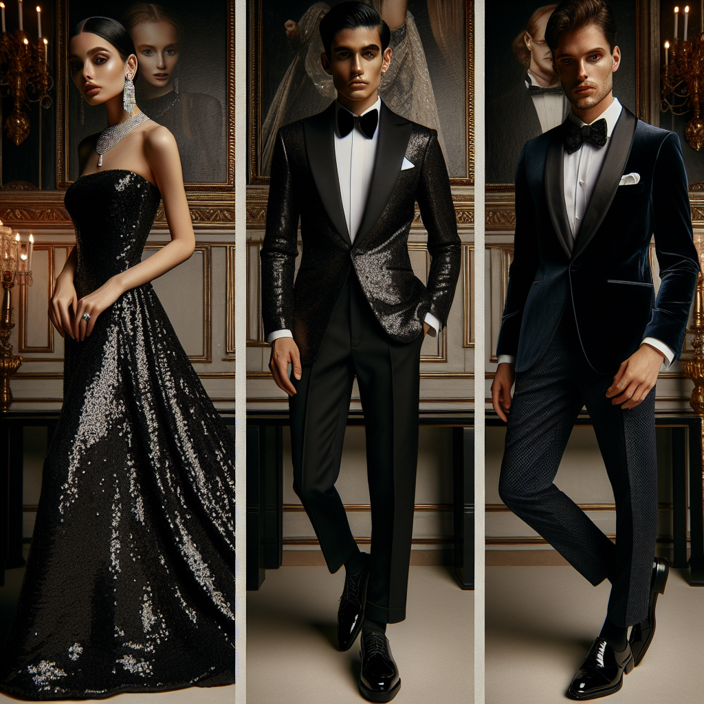 Depict an upscale, fashionable scene featuring three individuals each dressed in elegant black tie attire. The first individual is a Middle-Eastern woman in a classic, floor-length, black sequin gown, accessorized with diamond jewelry. The second person is a South Asian man stylishly outfitted in a tailored black tuxedo with a shiny satin black bow tie and a white pocket square. The third individual is a Hispanic man in a trendy velvet, deep navy suit paired with black patent leather shoes and a matching black bow tie. Showcase these outfits on these individuals against a backdrop of an opulent, classically decorated banquet hall, emphasizing the air of sophistication and glamour.