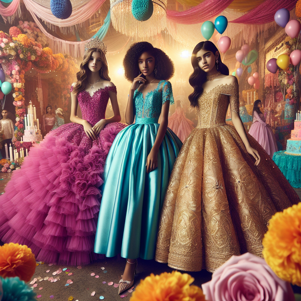 Stunning Quinceañera Styles: Best Looks for Girls A breathtaking glimpse into a quinceañera celebration, showcasing a style guide for girls. The focus is on three different teenagers: a Hispanic girl wearing a grand, fuchsia tulle gown adorned with sequins, a Black girl dressed in a sophisticated turquoise satin dress with delicate lace sleeves, and a Middle-Eastern girl adorned in a gorgeous golden organza dress accented with pearls. The environment is vibrant and joyful, filled with traditional decorations, marigold flowers, and pastel balloons, reflecting the rich traditions and excitement of this significant rite of passage.