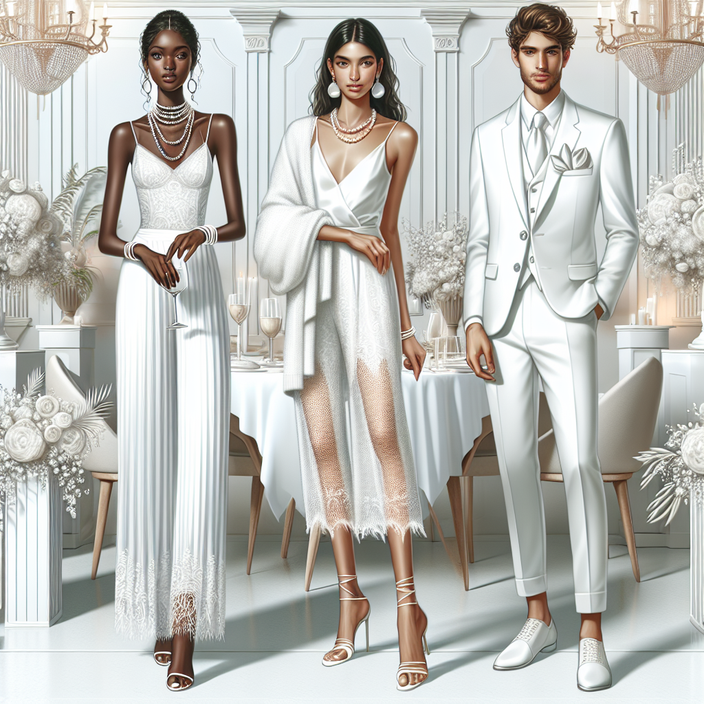 Must-Have Styles for White Party: Effortless Elegance Design an elegant scene of a white-themed party. Visualize a gathering of carefully dressed individuals at a luxurious venue. Portray three main individuals, all wearing the latest white fashion trend: a Black woman donning a white lace maxi dress and pearl accessories, a South Asian man in a contemporary white suit with a silk handkerchief, and a Hispanic gender-neutral individual flaunting a white culotte jumpsuit. Infuse the image with a sense of sophisticated elegance through delicate lighting, chic furnishings, and creatively arranged flowers, all in different shades of white.