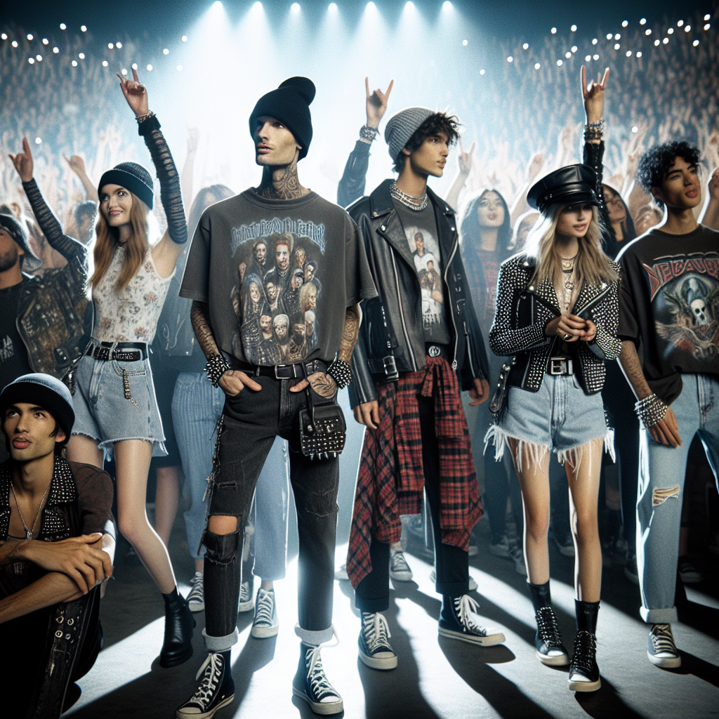 Must-Have Outfits for a Blink 182 Concert: Effortless Style! Imagine the scene of a vibrant music concert venue filled with energetic music fans. In this crowd, focus on an assortment of fashion-forward individuals, each showcasing their unique sense of style. One person, a Caucasian male, is wearing a vintage band t-shirt with distressed jeans and a beanie. Another, a Hispanic woman, sports a punk-inspired outfit comprised of a leather jacket, skinny black pants, and studded boots. A third person, a Black man, is dressed in an oversized flannel shirt, well-worn denim shorts, and high-top sneakers. Everyone is cheerfully engaging with the electrifying atmosphere around them. Remember, their outfits reflect their love for the band playing, but in a comfortable and effortless manner.
