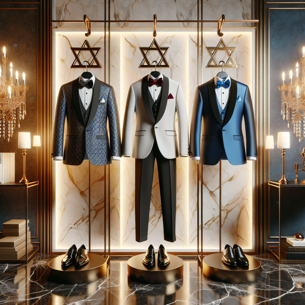 Bar Mitzvah Style Guide: Find Your Stunning Look! A stylized composition showcasing different outfits for a Bar Mitzvah. The scene displays three designer suits hanging on elegant bronze hangers. The first suit should have a modern cut, in a deep blue color adorned with a silver Star of David pattern. The second should be a traditional black tuxedo with a vibrant red bow tie, whereas the third should be a white suit with a golden yarmulke. All should be presented against a luxuriously decorated marbled wall, illuminated tastefully by a crystal chandelier. There should also be a tastefully arranged side table with matching leather shoes for each suit.