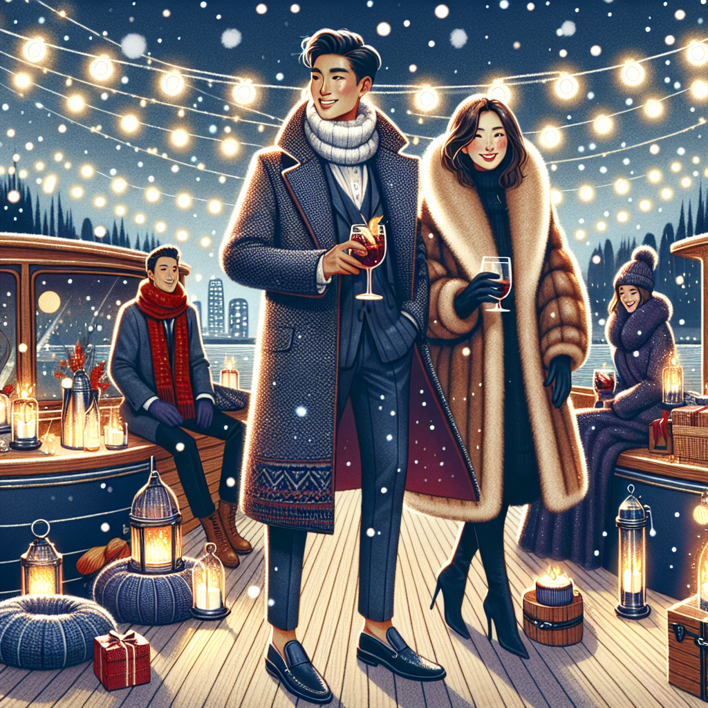 Winter Boat Party Essentials: Stunning & Effortless Style Illustrate an inviting winter boat party scene, a soft flurry gently falling from the night sky, the boat decorated with warm twinkling fairy lights. On deck, an array of guests are mingling happily. In the center, a tall Asian male in a stylish woolen overcoat holds a glass of mulled wine, his face beaming with joy. A Caucasian woman in an elegant faux-fur coat stands next to him, looking effortlessly chic. Around them, winter party essentials like thermal blankets, hand warmers, and heated drinks are tastefully arranged. The setting is lively, stylish and truly wintery.