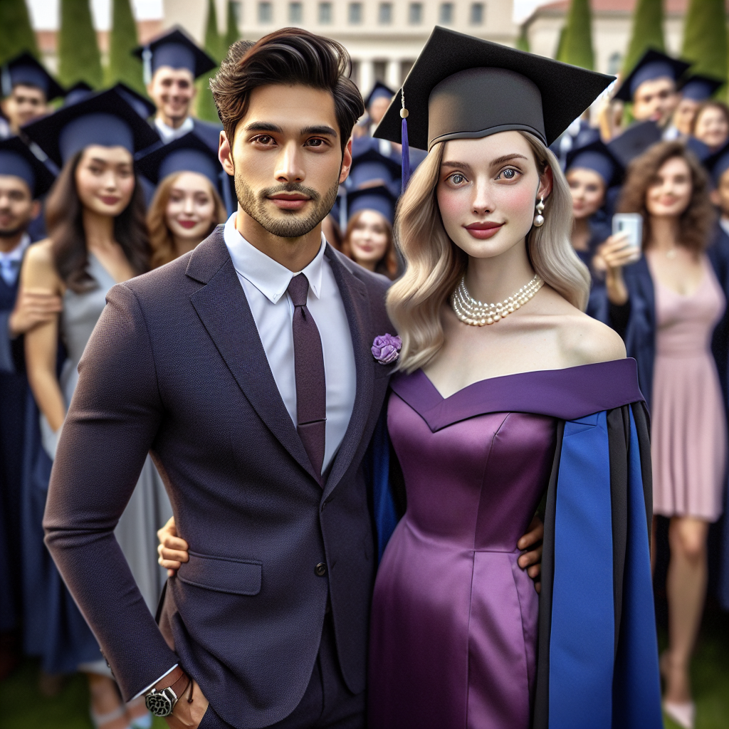 Stunning Outfits for College Graduation Events Imagine a scene at a college graduation event. On the left, visualize a South Asian man in his early twenties, tall and lean, dressed in an elegant navy blue suit with a matching tie, crisp white shirt, clean shoes, and a mortarboard on his head. To the right, picture a Caucasian woman, also in her early twenties, with a stylish purple dress, paired with a graduation gown over it and a matching mortarboard, accessorizing with a pearl necklace and bracelet. The ambience is celebratory with fellow grads and family members in the background, all in various graduation outfits, capturing the joyous moment.