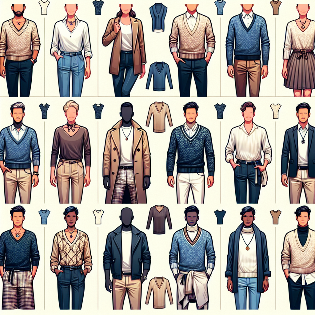 Stunning Styles: What to Wear Under a V-Neck Sweater Imagine a detailed visual tutorial showcasing a variety of outfits that pair well with a V-neck sweater. This should feature both men and women of all descents, including Black, Hispanic, Caucasian, South Asian, and Middle-Eastern individuals. Highlight unique and stylish choices, such as crisp button-down shirts, turtlenecks, and decorative necklaces. Also, include scenes where they are showcasing different types of pants or skirts matched with the sweater. The background should be kept simple and uncluttered, focusing mainly on the clothing and accessories.