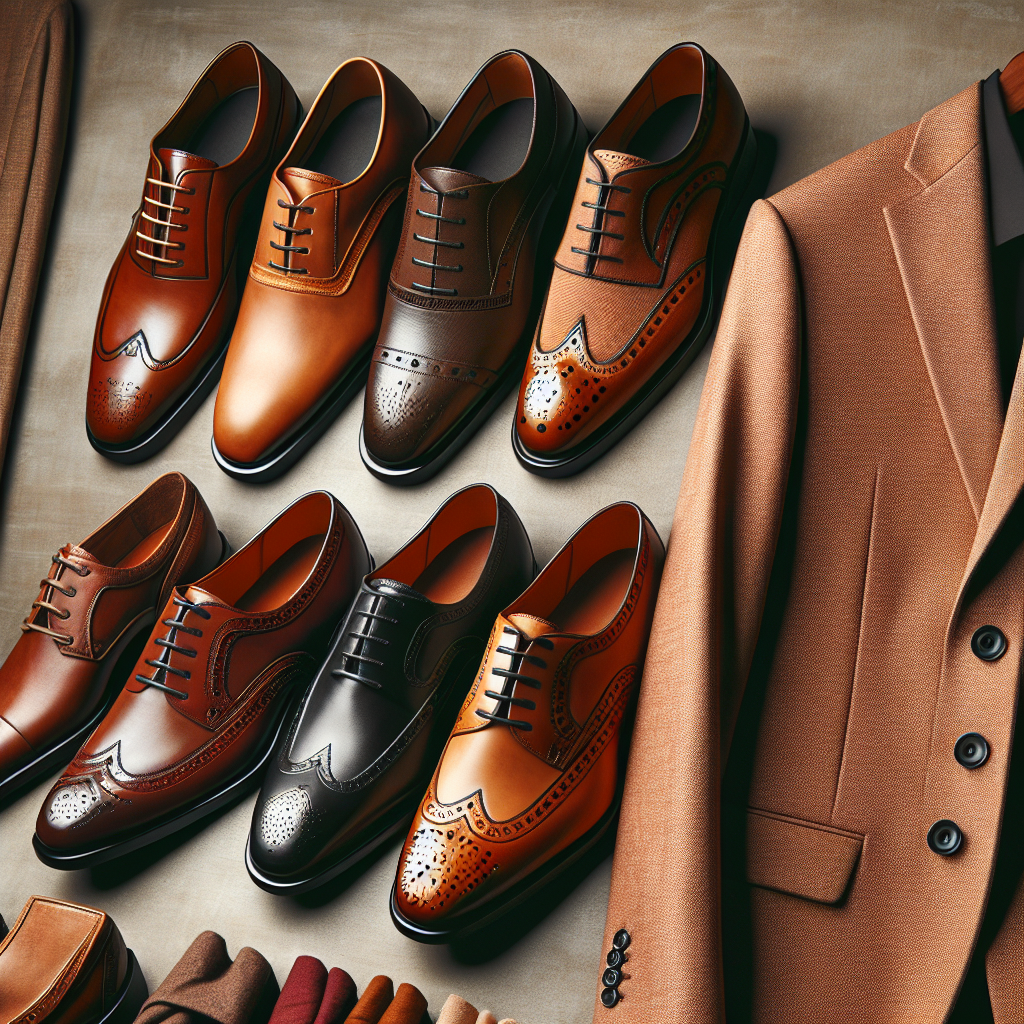 Must-Have Shoes for Tan Suits: Style Effortlessly Showcase a collection of must-have shoe styles for tan suits. The image should depict a selection of various shoes like classic black leather derby, rich brown brogues, and stylish burgundy loafers placed tastefully next to a tan suit. Make sure to display the shoes from different angles to fully feature their designs and quality. The suit on the other hand, should be well tailored, featuring a two-button, single-breasted jacket with a notched lapel and flat front trousers. Also, create a backdrop that reflects a luxurious lifestyle and the concept of styling effortlessly.