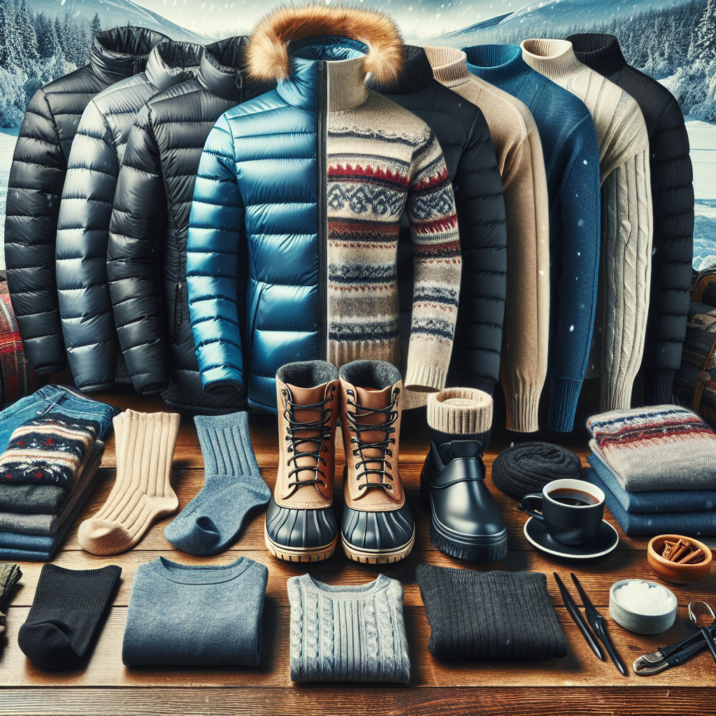 Cold Plunge Essentials: Must-Have Outfits for Comfort Create a detailed and appealing image showcasing essentials outfits for a cold plunge. The picture should present a variety of comfortable and warm clothing items spread out pleasingly, it may include items such as thermal underwear, thick socks, waterproof boots, and down jackets. Show these items in a variety of colors and styles to appeal to a broad range of tastes. Additionally, add in a background of a pristine snowy landscape to set the mood. Sitting at the forefront of the image, place a hot beverage visible to communicate the warmth and comfort these outfits provide in cold weather conditions.