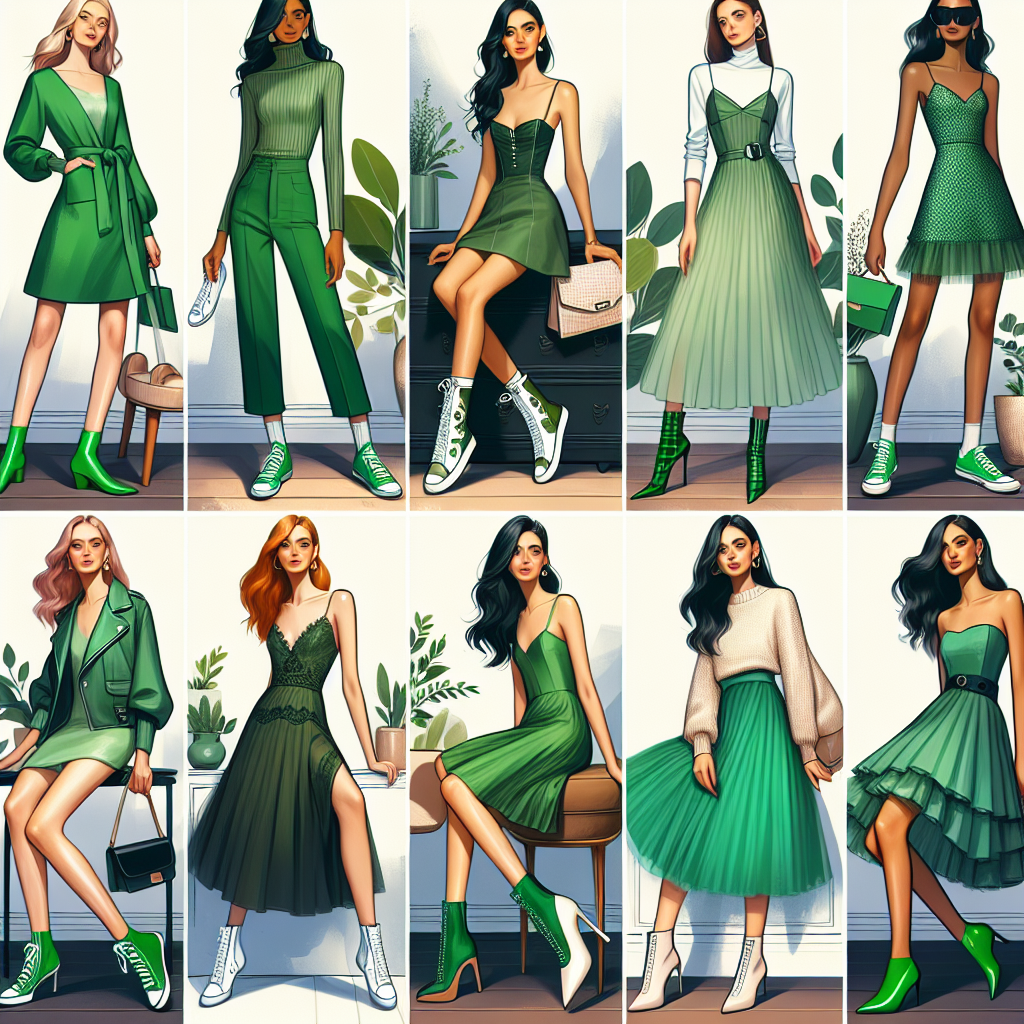 Best Shoes for a Green Dress: Must-Have Styles Create an image showcasing a diverse array of footwear that perfectly pairs with green dresses. The scene may include six different shoes such as chic pumps, cozy flats, vibrant sneakers, elegant stilettos, edgy boots, and versatile sandals, each uniquely complementing a different type and shade of green dress. Display these in a harmonic fashion magazine style layout to reflect the theme of the article. Incorporate women of different descents like Hispanic, Middle-Eastern, Black, White, South Asian, and Caucasian each modeling one of the shoe-dress combinations.