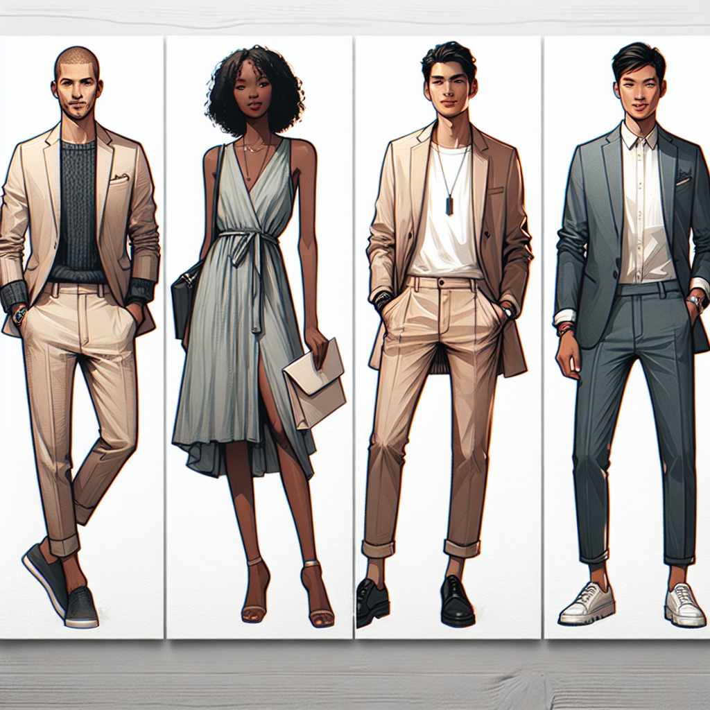 Stunning Outfit Ideas for Casual Fundraisers: Effortless Elegance Create an image showcasing a variety of outfit ideas ideal for casual fundraisers. The visual atmosphere should reflect a sense of effortless elegance. Illustrate a group of four people, each displaying distinct styles. The first person could be a Caucasian male wearing sophisticated attire with a casual twist such as a blazer and jeans combination. The second should be an African-American woman in a sleek, chic dress that speaks volumes in both comfort and sophistication. The third could be an Asian woman with a smart-casual jumpsuit, and the fourth a Hispanic man in a sharp yet relaxed suit. Accentuate accessories to add an element of sophistication.