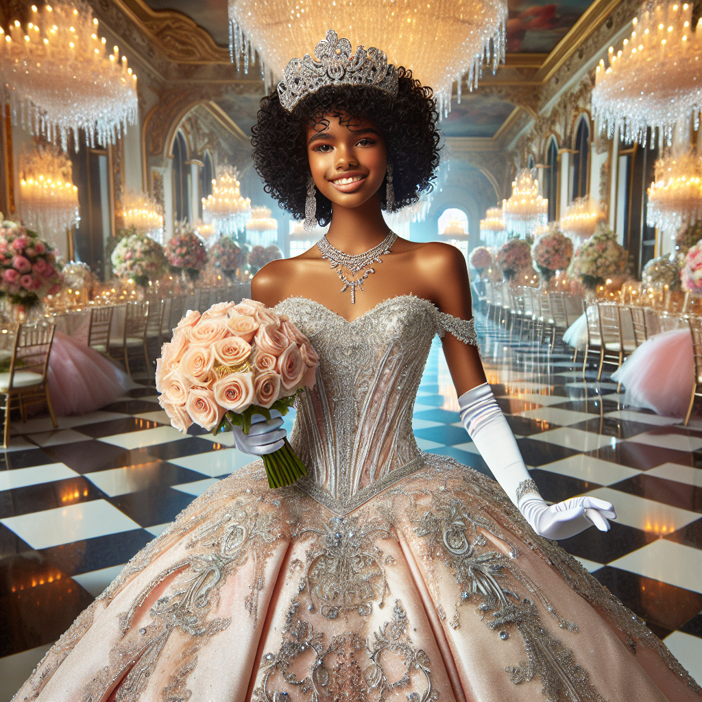 Stunning Quinceañera Outfits: Find Your Perfect Look Imagine a grand ballroom filled with radiant smiles and joyous celebration. In the center is a teenage girl, elegantly dressed on her Quinceañera. Her elaborate gown sparkles in hues of pastel pink with intricate silver embroidery and beaded details cascading down the skirt. She has an Afro-Latina descent and her curly black hair is beautifully adorned with an ornate tiara. Balancing a modern style with traditional heritage, her outfit is complemented with satin gloves, a silver necklace, and a blooming bouquet of roses. The scene perfectly embodies her transition into adulthood with grace and elegance.