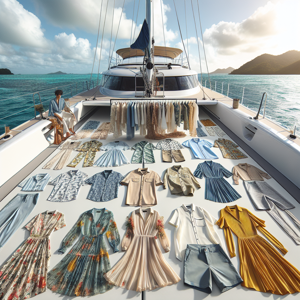 Exclusive Outfits for a Catamaran Day Trip: Effortless Style! Envision a beautiful day on a spacious catamaran. It's covered in a vivid array of exclusive outfits laid out meticulously, each cascade of fabric reflecting the sunlight. In the foreground, there are resort wear pieces for both genders. A chic floral dress showcases the effortless style for women, while a casual polo shirt paired with khaki shorts demonstrates the men's look. The outfits are in soft, cool colors echoing the hues of the sea and sky. Further away, the catamaran's white sails billow against a clear blue sky. This scene encapsulates the ultimate fashion guide for a catamaran day trip.