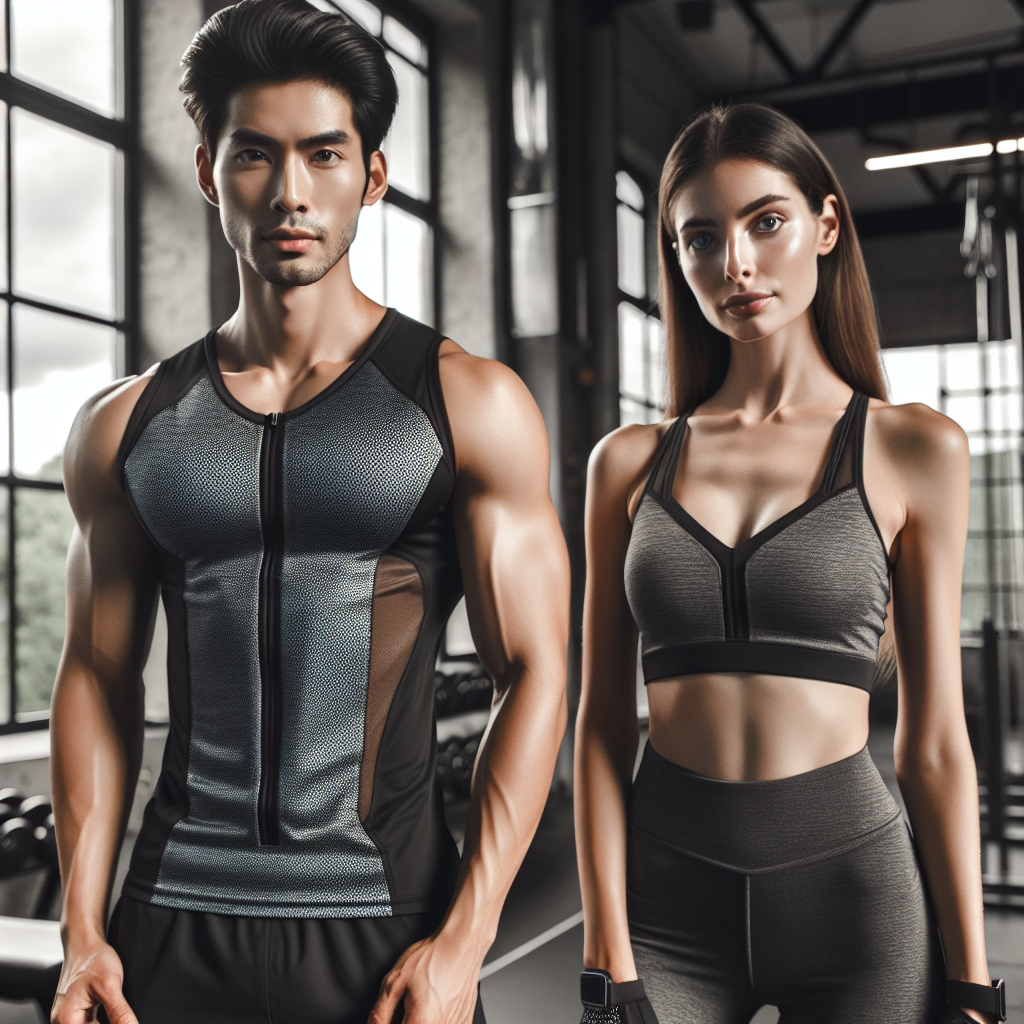 Stunning Gym Wear: The Best Comfort & Style Picture this: a South Asian male in modern, breathable gym attire, alongside a Caucasian female in stylish, form-fitting gear. Together, they represent a blend of comfort and style in fitness fashion. They're in a clean, well-lit gym environment with high-quality equipment in the background, promoting a healthy lifestyle. Take notice of the refined detail in their workout clothing: moisture-wicking fabrics, stretchy materials, ventilated areas for breathability, and features for enhancing comfort. Show us their determination and concentration, encapsulating the spirit of fitness.