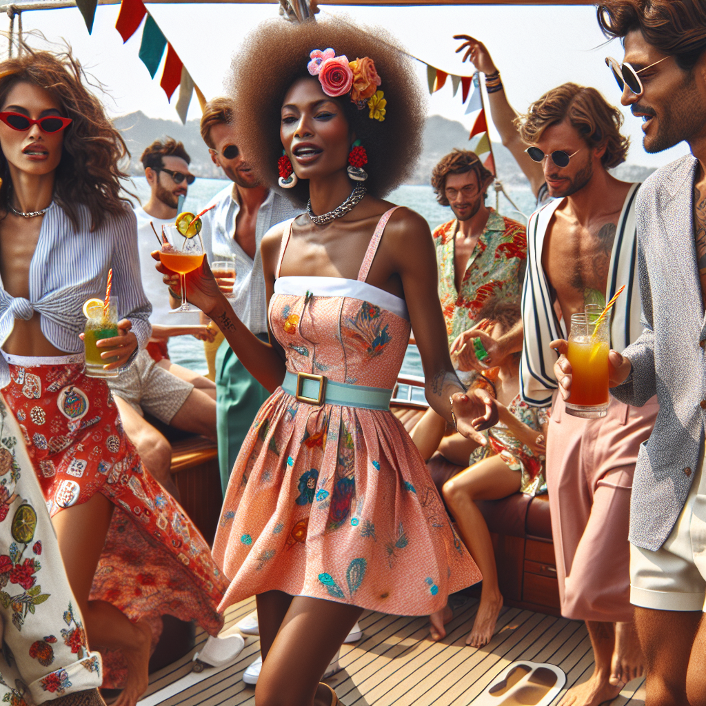 Boat Party Style: Discover Your Perfect Look Imagine an exciting scene at a boat party on a sunny day. The boat is filled with people of diverse descents and genders. Creatively dressed guests, reflecting a sense of joy and freedom. One individual is sporting a stylish, retro-inspired sundress, with bright floral prints. There's a man, in a casual linen shirt and chino shorts, sipping on a cocktail. Another individual is wearing a colorful sarong, their hair adorned with tropical flowers. They are all teeming with energy and excitement, chatting, laughing, and dancing to the rhythm of soft music floating in the air.