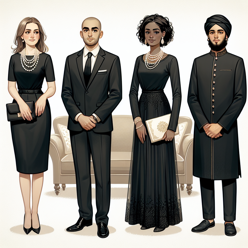 What Not to Wear to a Funeral? Discover Proper Attire Illustrate a respectful scene at a funeral with a clear focus on people's attire. Show four individuals - a Caucasian woman dressed in a classy, modest black dress with a pearl necklace, a Middle-Eastern man in a conservative black suit with a well-pressed white shirt, a Black woman in an elegant black top and skirt ensemble paired with simple jewelry, and a South Asian man in a black sherwani with muted detailing. You can also hint at some clothing items that would be inappropriate for the occasion, such as brightly colored clothes, flashy accessories, or casual wear like jeans and t-shirts.