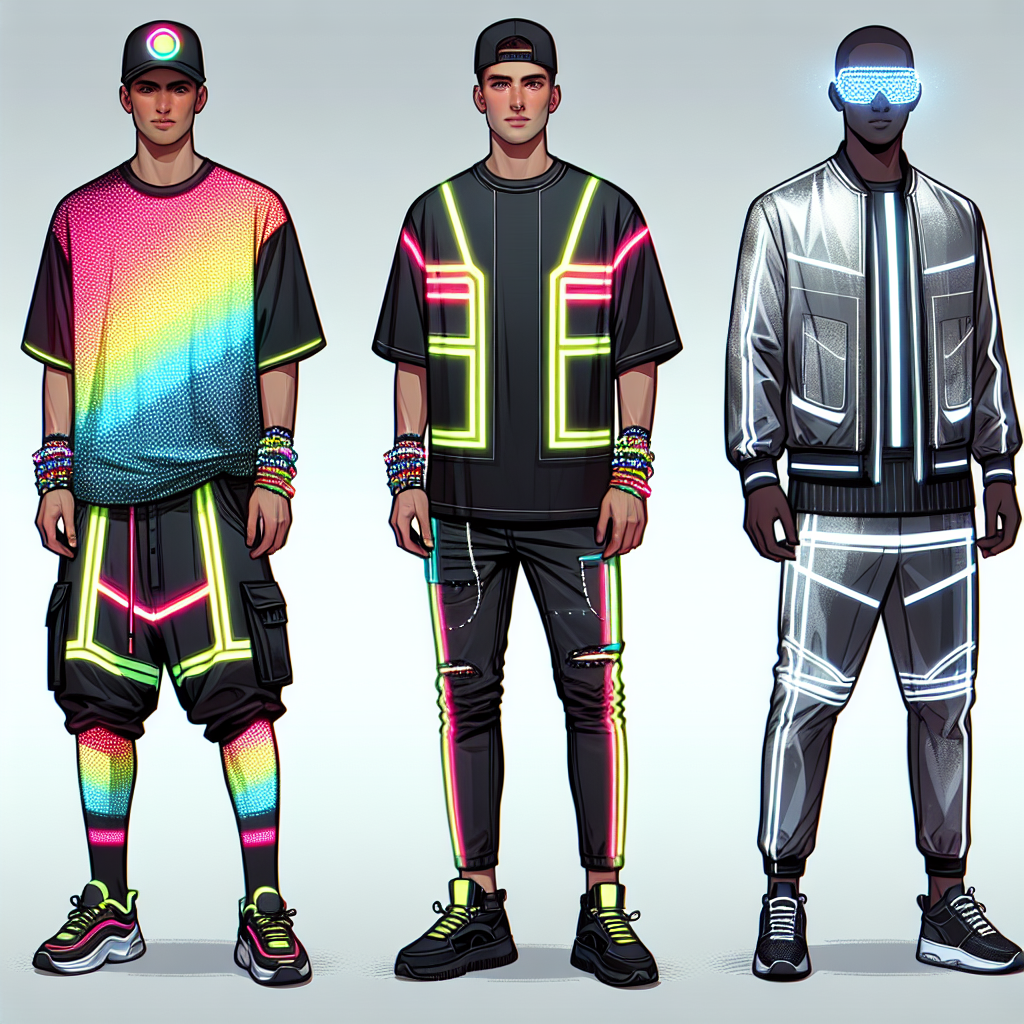 Effortless Rave Outfits for Men: Must-Have Styles Imagine a collection of fashionable rave outfits designed especially for men. The first outfit is on a South Asian man, featuring dazzling neon colors, baggy pants, an over-sized t-shirt and a snapback hat. The second is on a Caucasian man, accentuating a minimalist aesthetic with tight black jeans, a reflective vest, and unique eye wear. The third is on a Black man, combining futuristic and comfortable styles - a silver metallic tracksuit, sneakers, and an LED mask. All the clothing items appear practical, comfortable, and perfect for dancing.