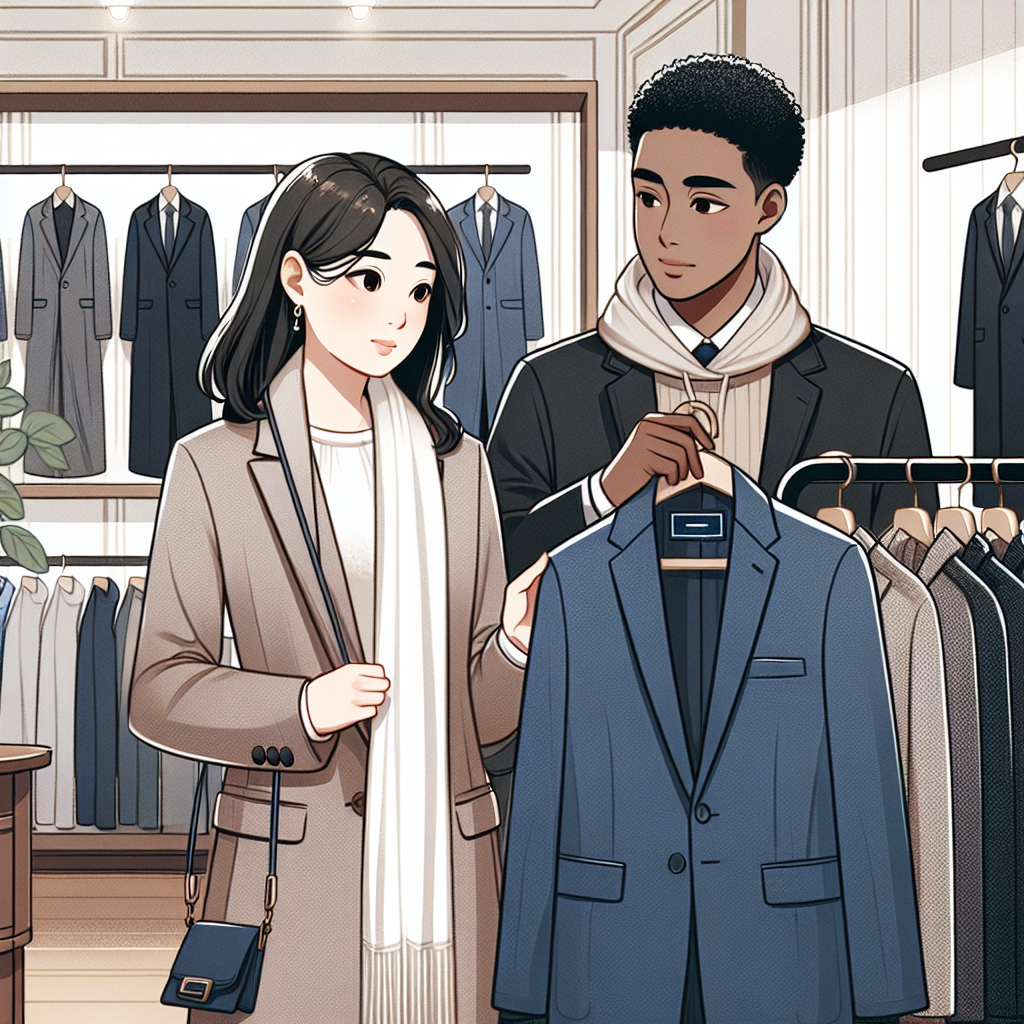 What to Wear to a Funeral: Elegant, Non-Black Options Illustrate a respectful and tasteful image showing two persons choosing appropriate attire for a funeral. The first person, an Asian woman with mid-length hair, should be holding a soft grey tailored suit while looking thoughtfully. The second person, a Black man with short, curly hair, is examining a navy-blue woolen coat hung on a rack. Design the background as an upscale, well-lit clothing outlet displaying a variety of non-black, elegant and muted color dress options for such formal occasions.